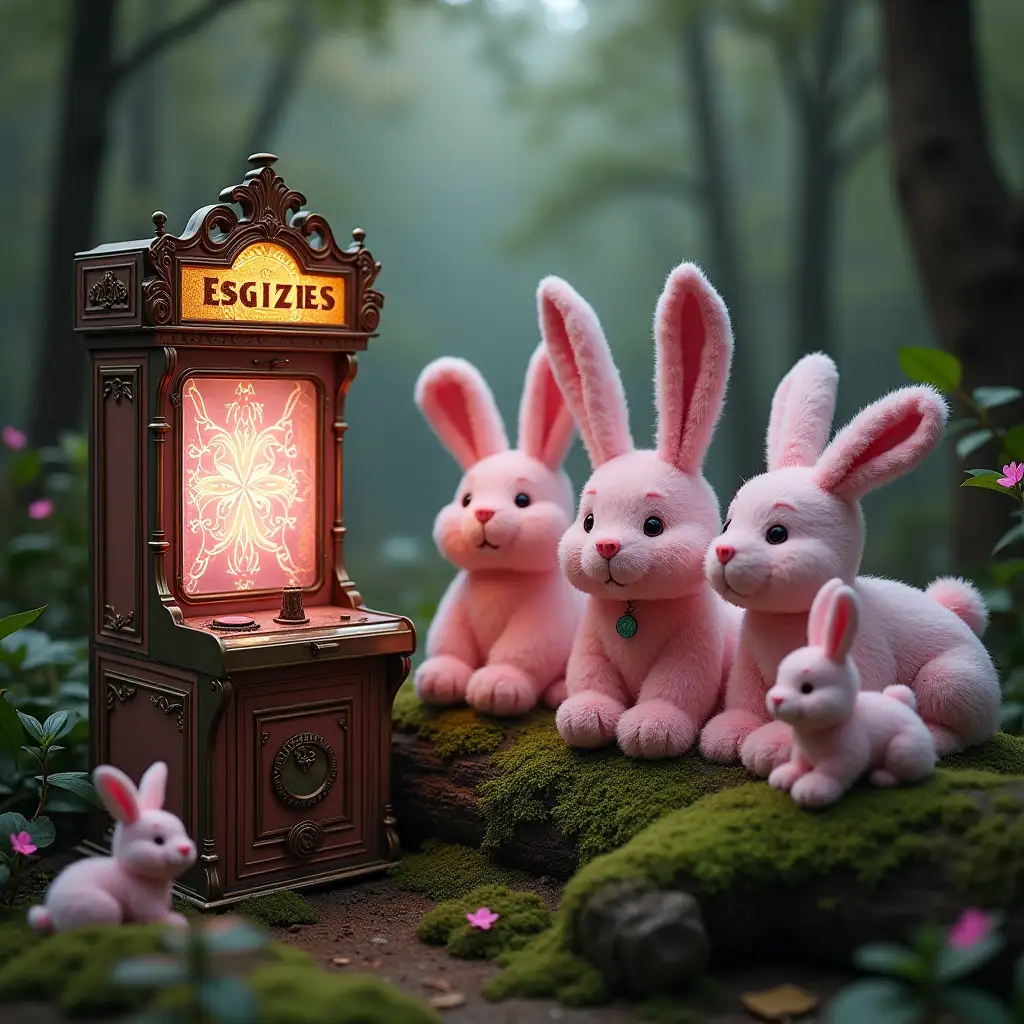 Surrounding her, an array of whimsical pink bunny plush toys, their soft fur blending seamlessly with the flora, rest on mossy logs, as if they're guardians of her secluded sanctuary. Antique gaming machines, adorned with fantastical engravings, emit a faint glow, their screens displaying ethereal patterns and silhou