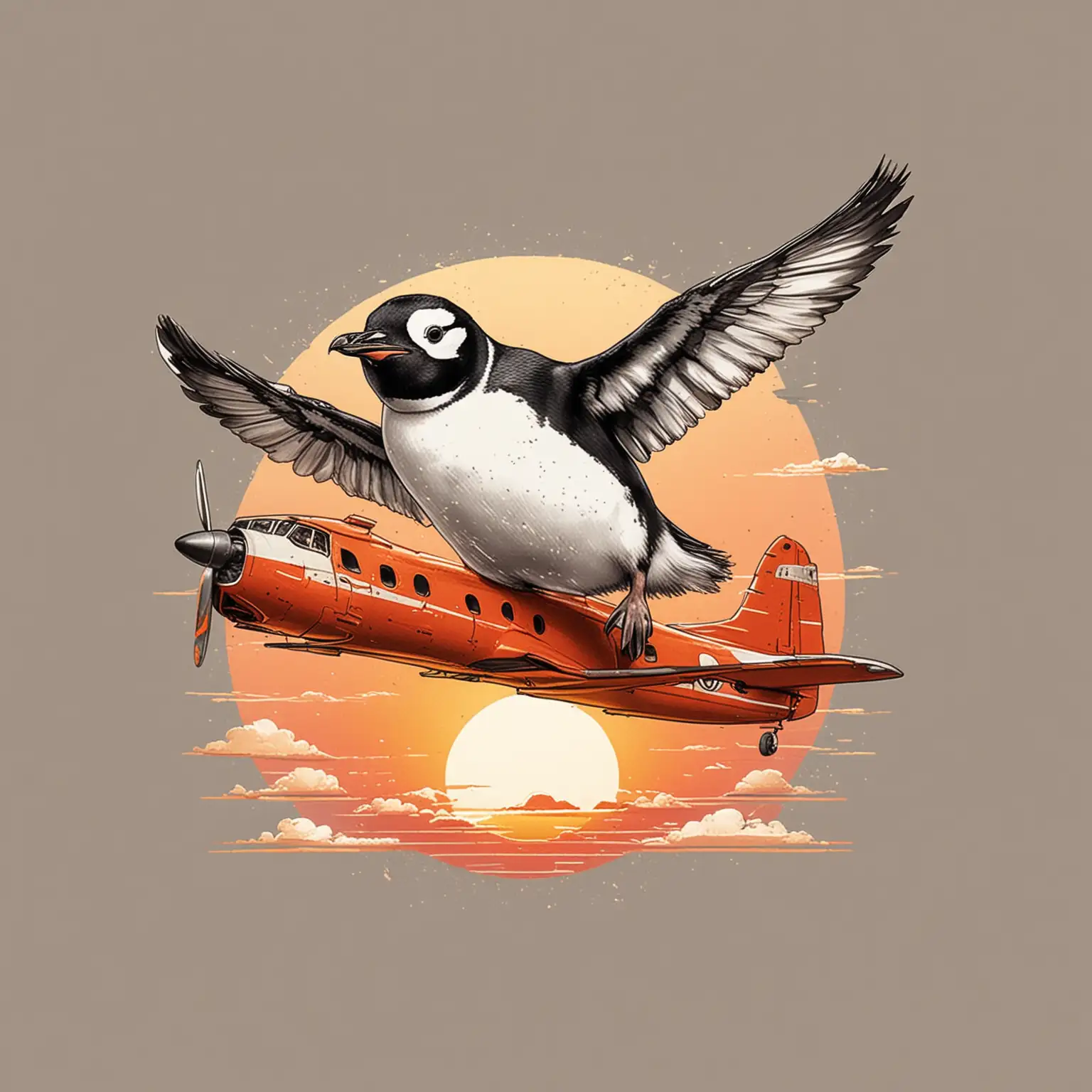 Beautiful and cute penguin flying on a vintage sunset plane in the style pop art white background for print on T-shirt