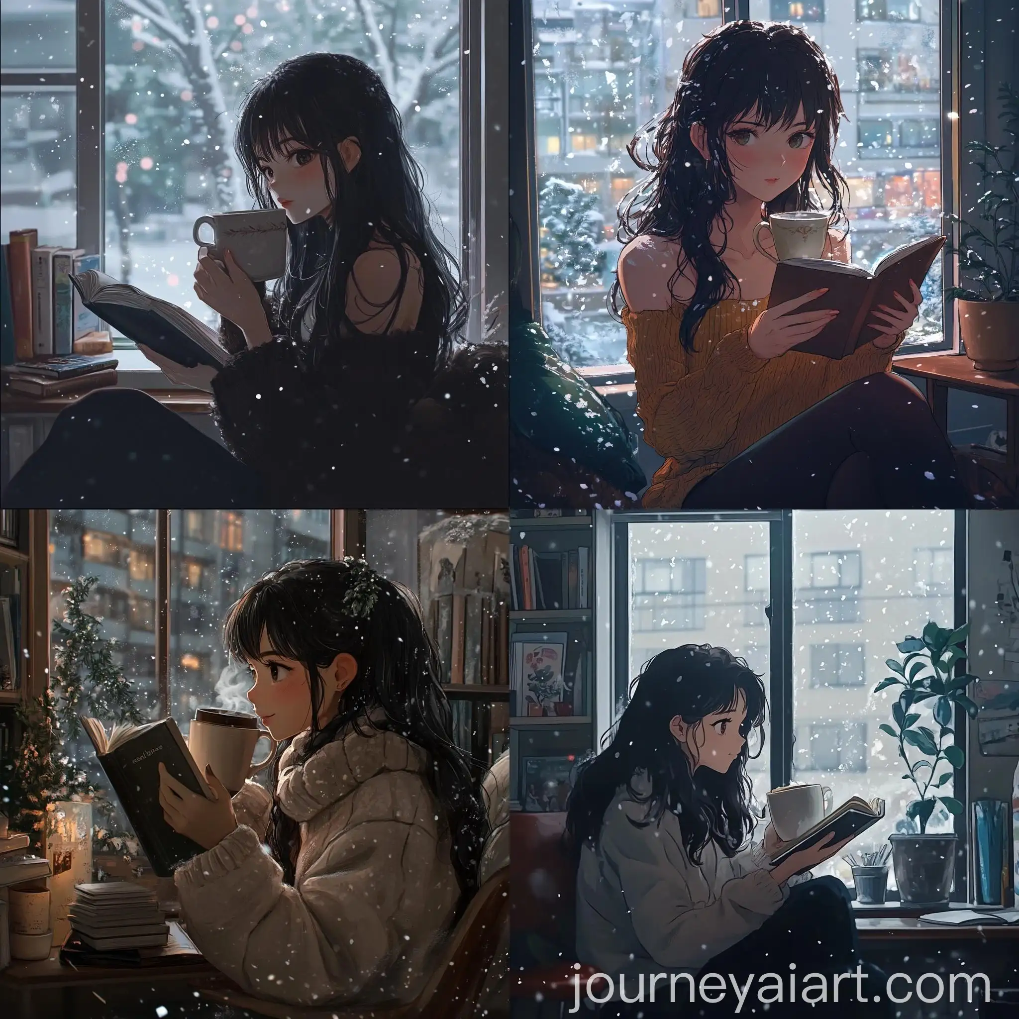 Anime-Brunette-Girl-Drinking-Coffee-and-Reading-in-Snowy-Room