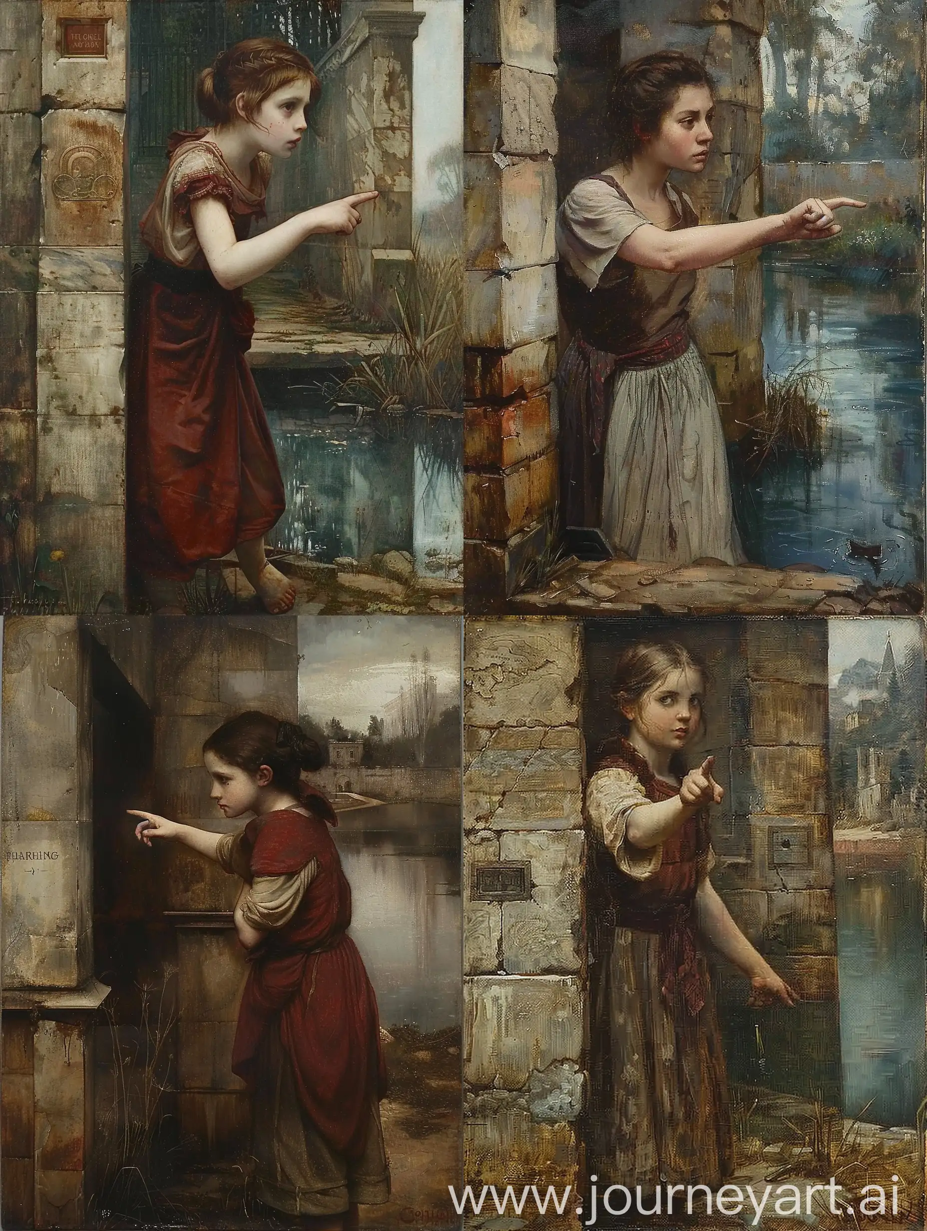 Girl-Pointing-Finger-by-the-Lake-in-Renaissance-Style