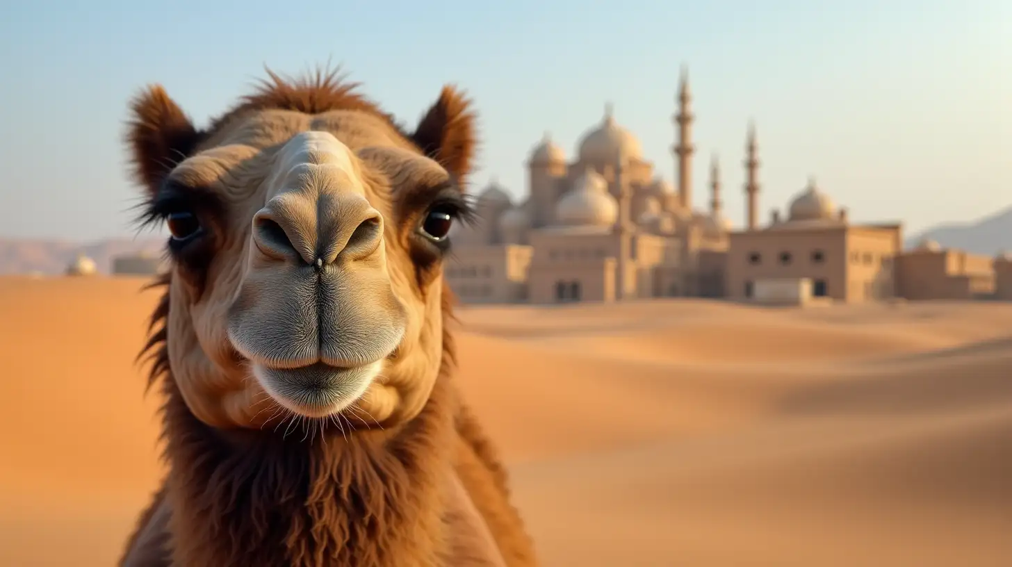 CloseUp of a Camel with a Desert City Background