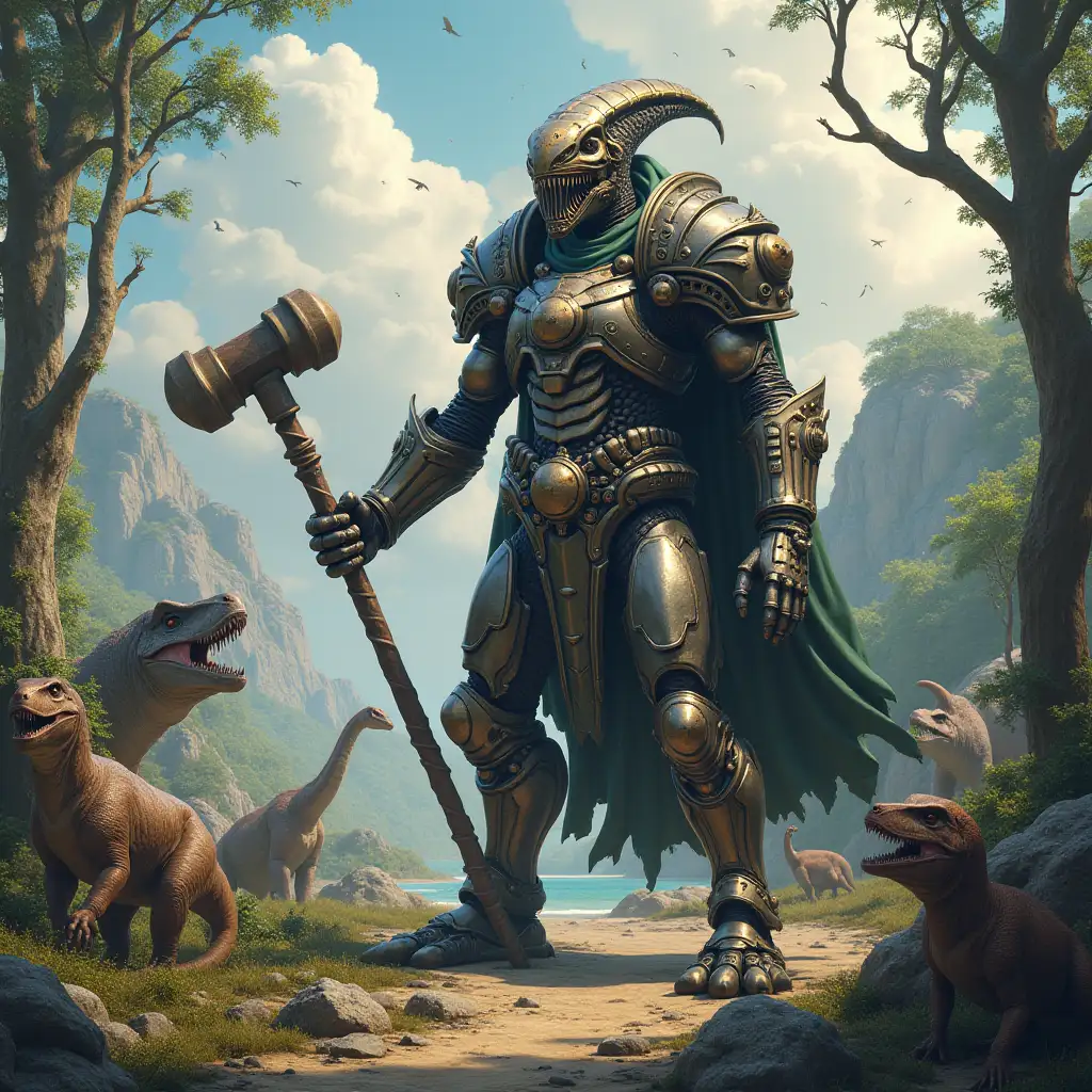 Hyperrealistic portrait of a gpanzerter metal alien king 10 meters tall with a hammer in his hand on an island with many various dinosaurs, the elaborately detailed, colorful forested planet background