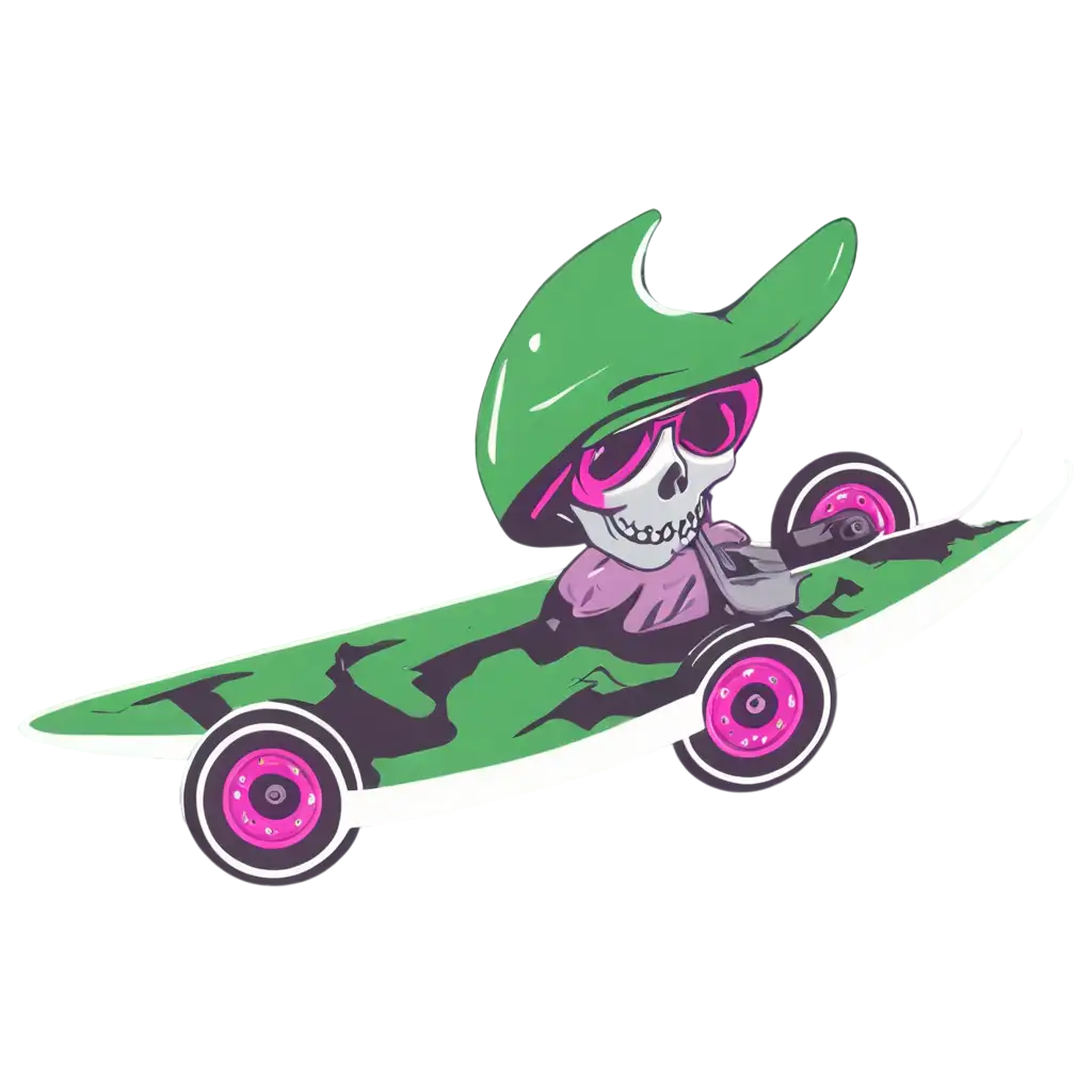 I want a PNG image with a transparent background and no excessive compression of a purple skate shape with a shock pink skull graphic on it, with gray trucks and green wheels for the printful app