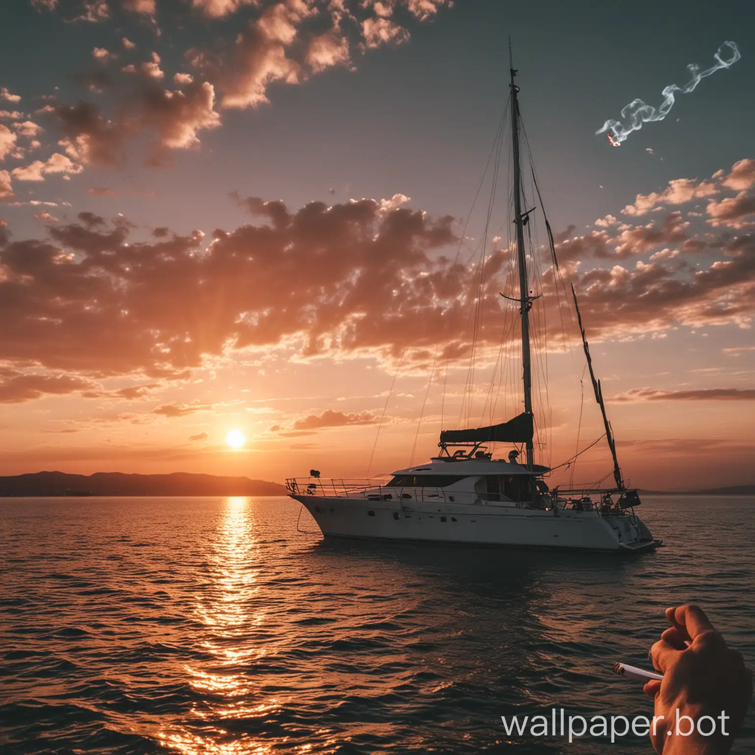 A gorgeous sunset with a yacht, money and smoking blunt in hand . In small words written in the sky is “the time is ticking”.