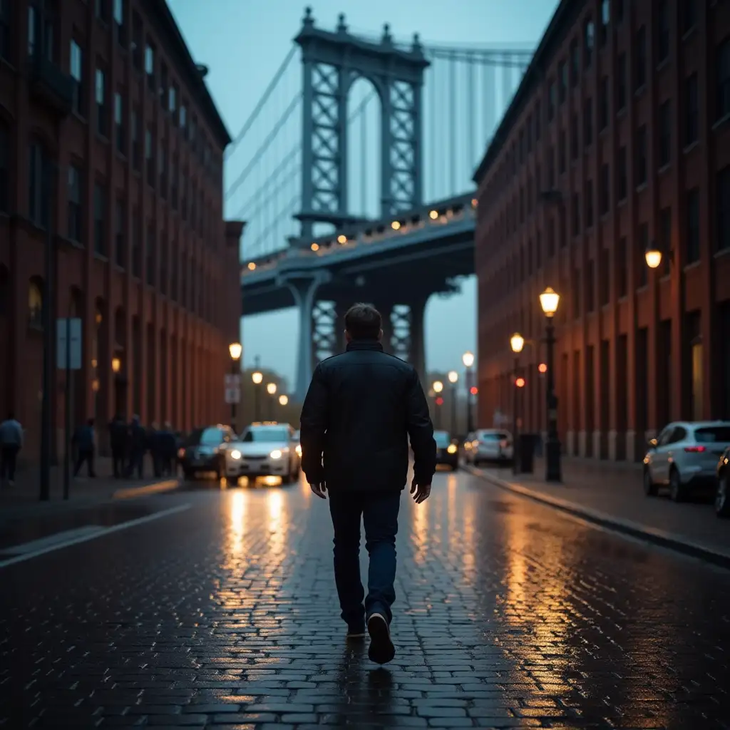 Dusk. A man quickly walks through a city on a cobblestone street. It's raining. No cars. The man is only visible from behind, but fully so. In the background, the street leads over a large bridge. Lighting from street lamps.