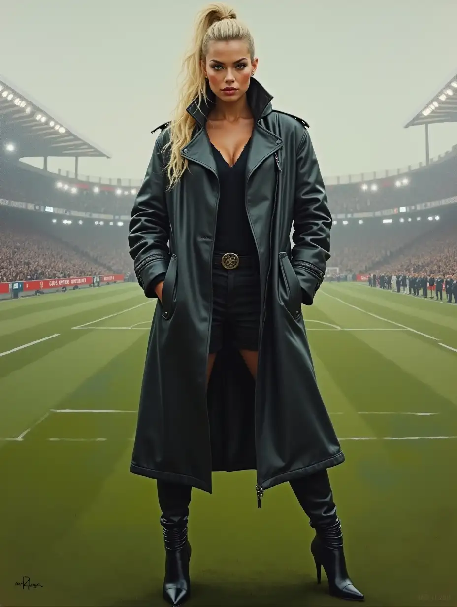 Dominant-Curvy-Woman-in-Black-Leather-Coat-on-Football-Field