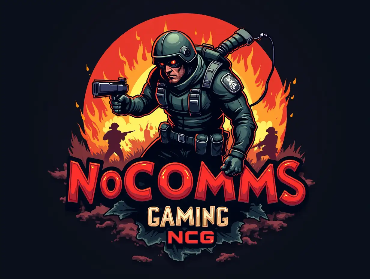 Create a high-impact, war-themed gaming logo for 'NoCommsGaming (NCG)' in a bold, cartoonish yet intense art style. The design should feature a battle-hardened soldier in a warzone, with a dangerous and menacing presence...