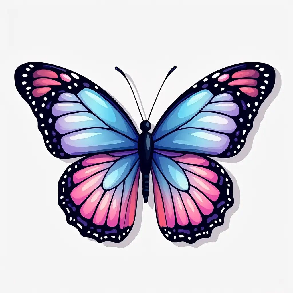 A colorful, stylized 2D ILLUSTRATION of a Monarch butterfly with bold blue and pink wings, spread wide. The details include intricate vein patterns and soft shading. The background is a should be plain color