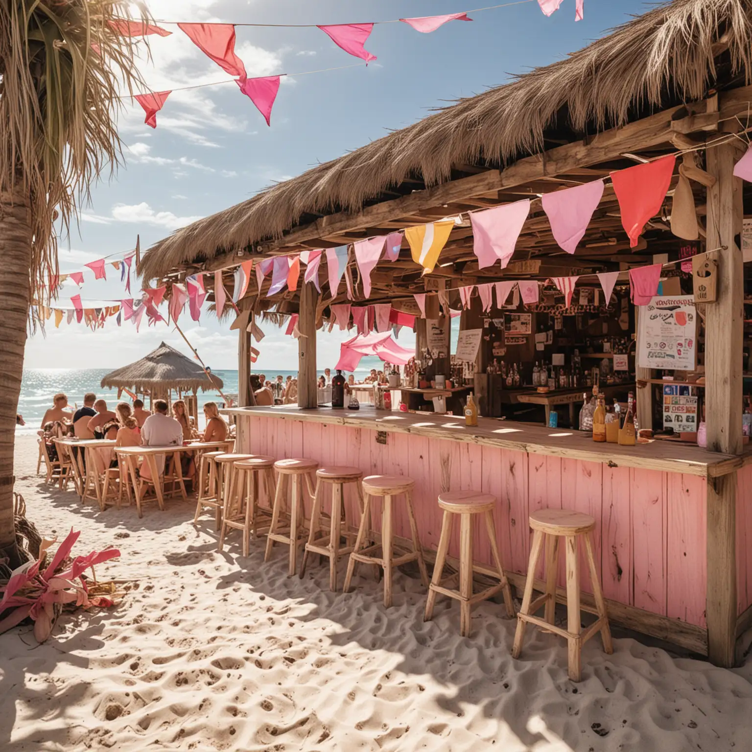 Beach Bar Party with Colorful Flags and Blonde People with Pink Highlights