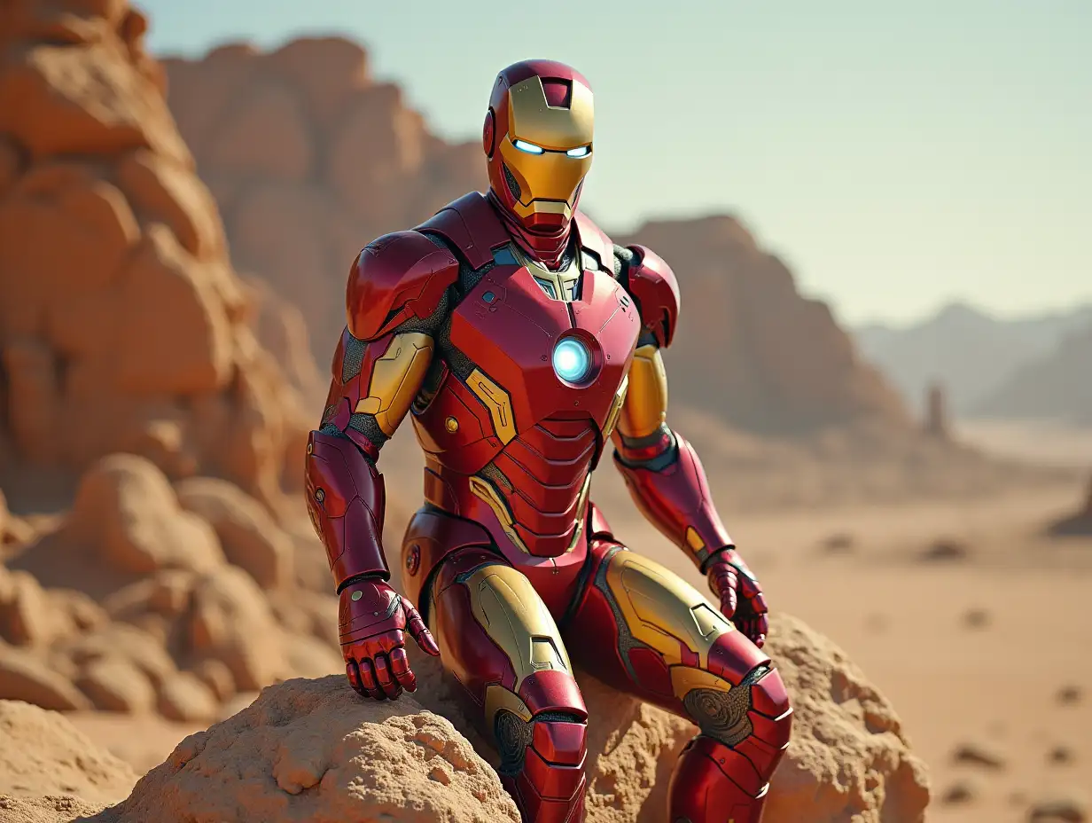 Iron-Man-with golden suit in the stony desert landscape on a rock with ruby body taking