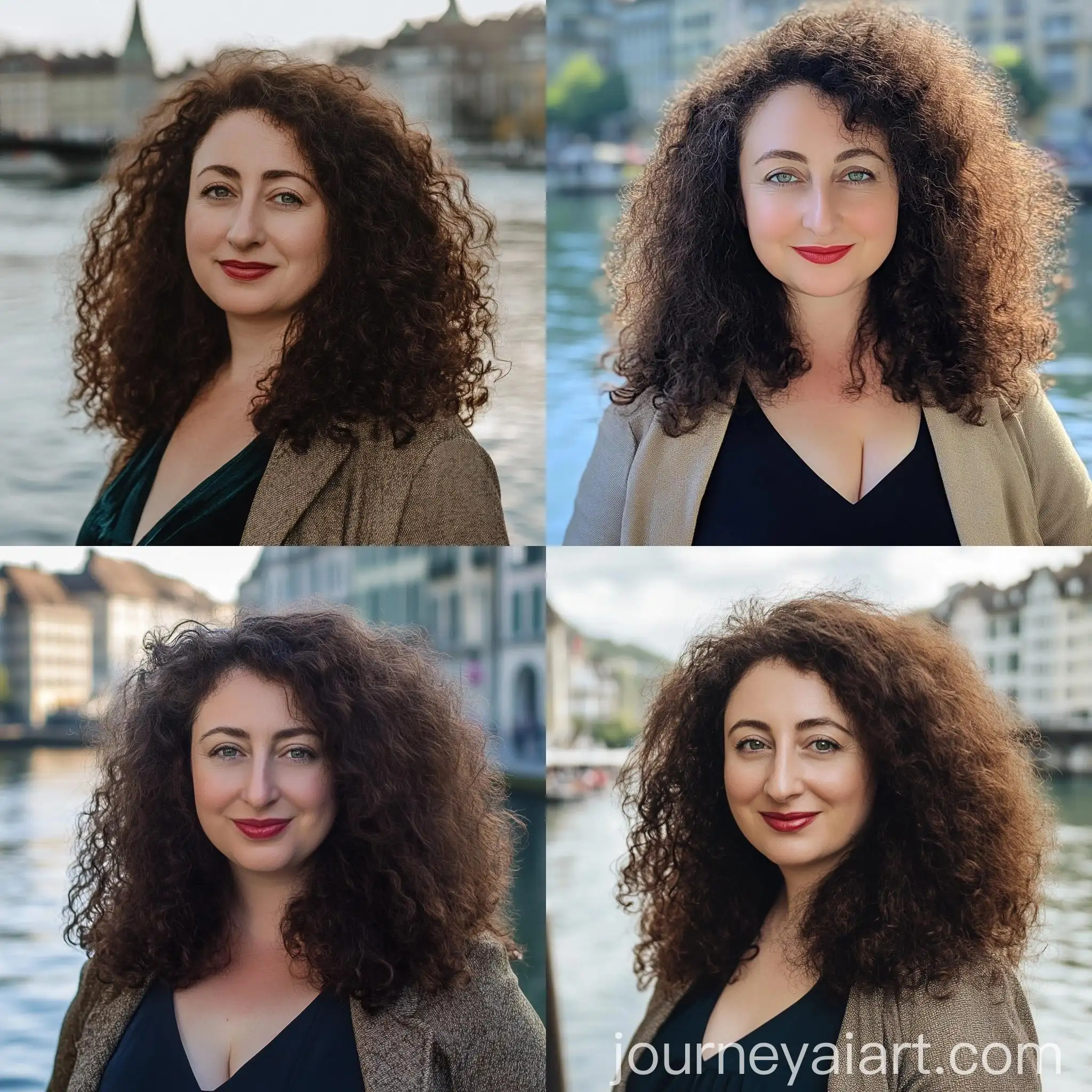 Smiling-Woman-in-Dark-Blue-Dress-at-Zurich-Riverbank