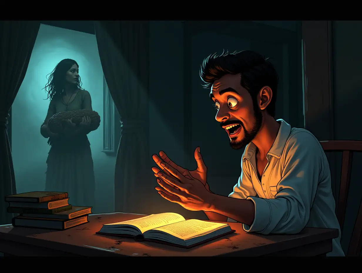 A visually captivating thumbnail for the story 'Iswaran the Storyteller.' The design should feature Iswaran, a lively storyteller, narrating an engaging tale to Mahendra in a dimly lit room. His expressive gestures and animated face should reflect the intensity of his storytelling. In the background, faint, ghostly images of an eerie woman with matted hair and a bundle in her arms should be subtly visible, symbolizing the supernatural elements of his tales. Another scene in the corner can depict a raging elephant, representing one of his thrilling stories. The title 'Iswaran the Storyteller' should be bold and clearly legible. The overall style should be cinematic, mysterious, and engaging, with warm storytelling tones mixed with eerie lighting to highlight the suspenseful nature of the tale.