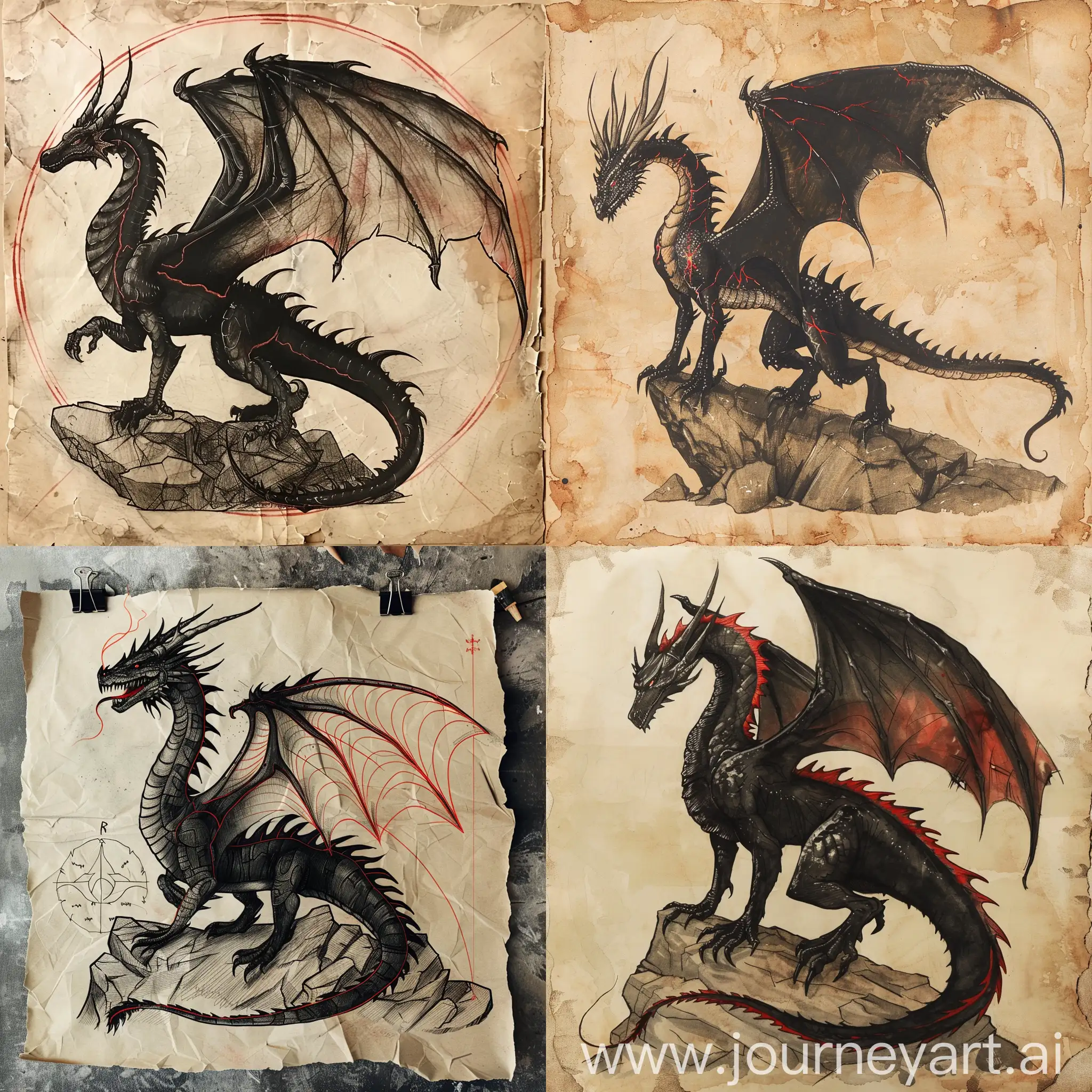 Black-Dragon-with-Red-Accents-Standing-on-a-Rock-on-Parchment