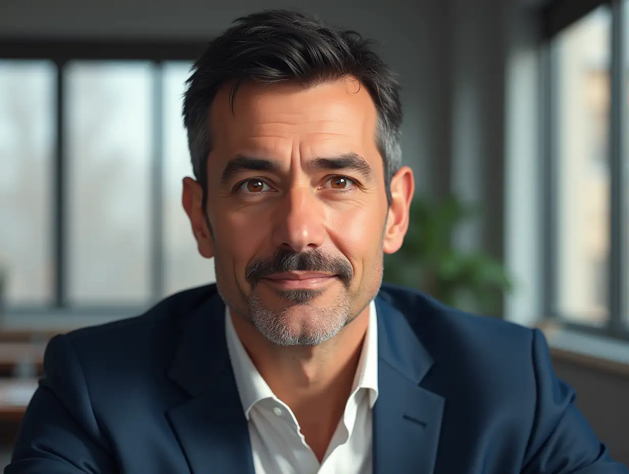 a detailed and realistic portrait painting, of a middle aged man with short black hair, neatly trimmed mustache, wearing a navy blue suit and white shirt. His expression is confident, warm brown eyes looking straight at the audience. The light is soft and natural, casting subtle shadows on his face. The background is slightly blurred, depicting a modern office with large windows that let in natural light.