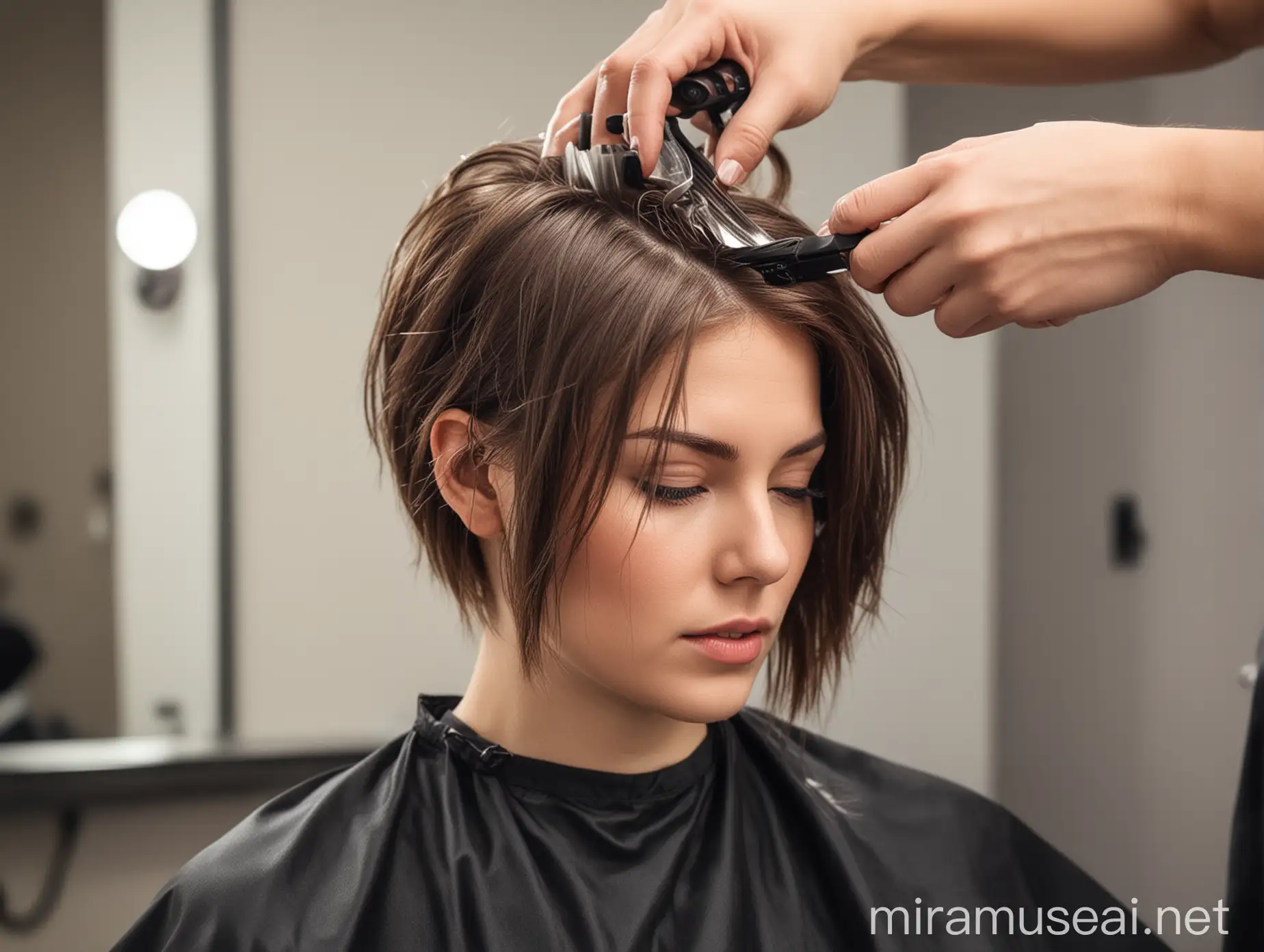 Person Cutting Hair in Hairdressing Salon