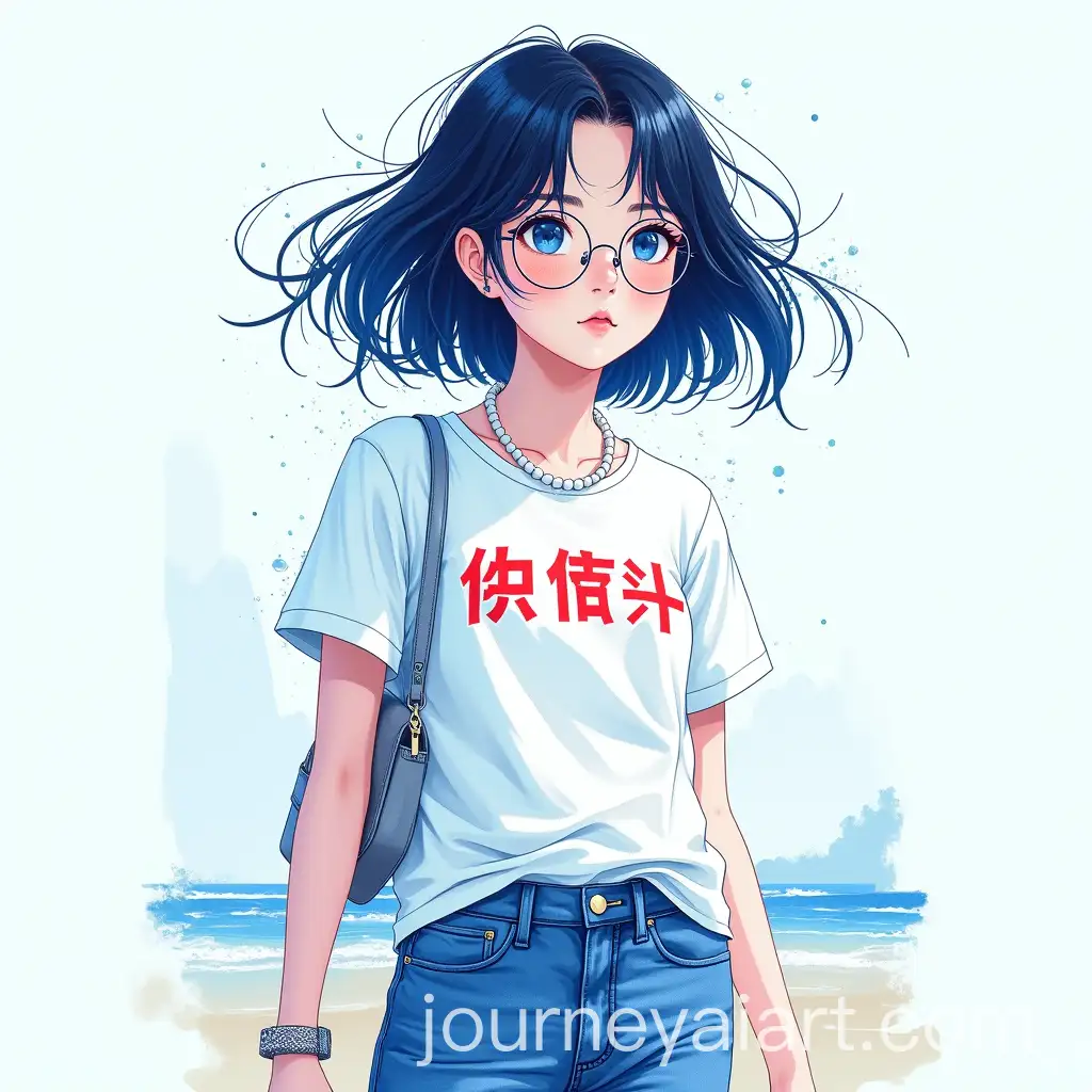 Chinese-Girl-onAI-Image-Prompt-Expansion-Beach-in-Klein-Blue-Line-Art-with-Ink-Splatter-Effects