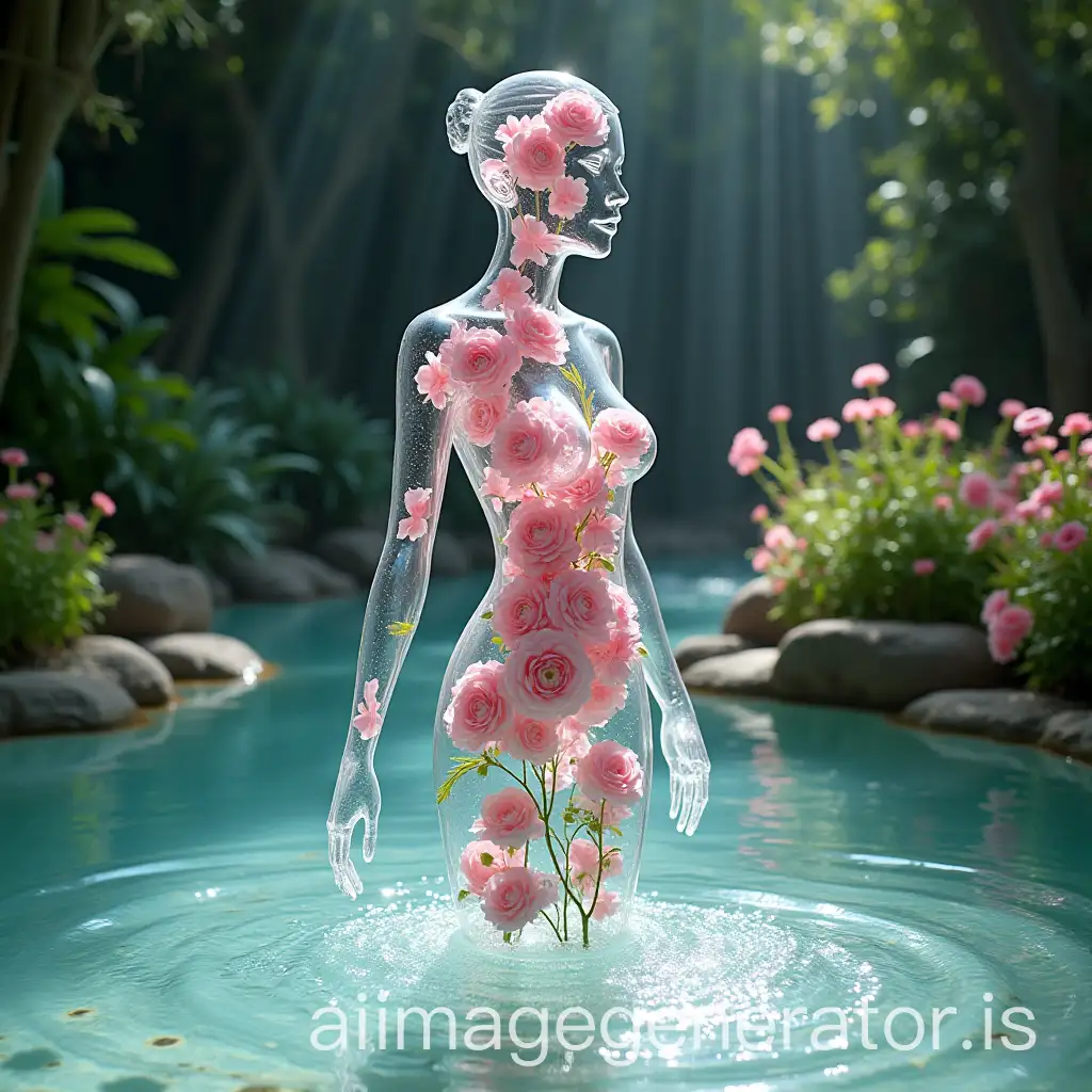 Transparent-FemaleAI-Image-Prompt-Expansion-Figure-Emerging-from-Water-Surrounded-by-Pink-Flowers-and-Lush-Garden