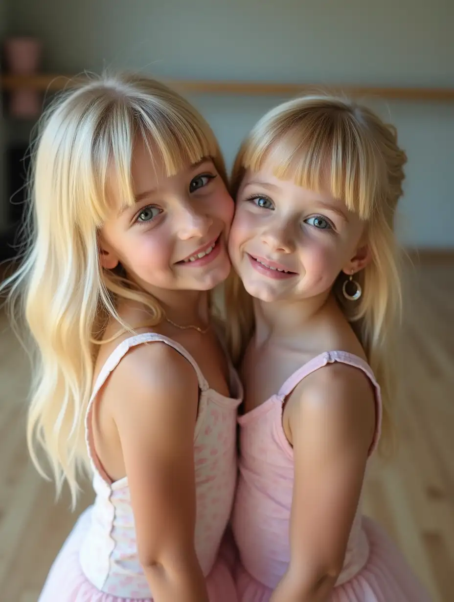 Twin-Girls-Posing-in-Dance-Studio-with-Playful-Kisses