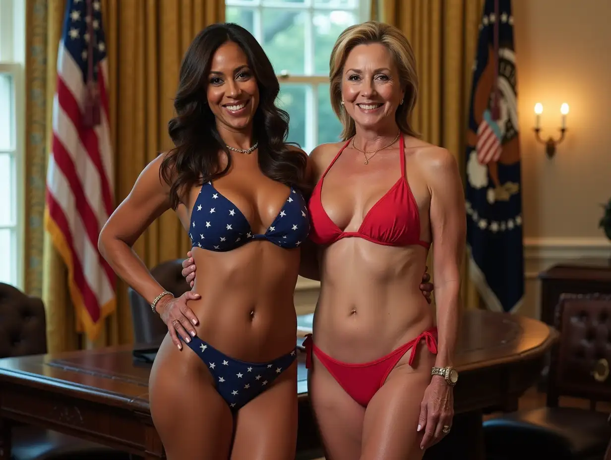 Hillary Clinton and 58.5-year-old female, Kamala Harris, slim waist, very large breasts, wide shoulders, wide hips, full body, posing for a calendar bikini of American flag photoshoot in the Oval Office, photo quality, high resolution, no NSFW