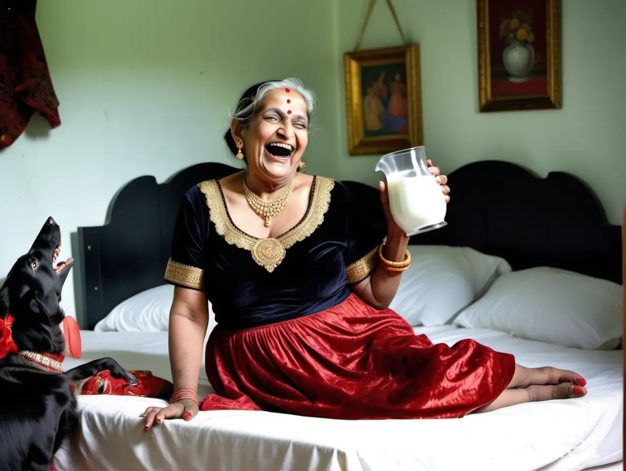 Joyful Indian Woman in Luxurious Farmhouse with Dog