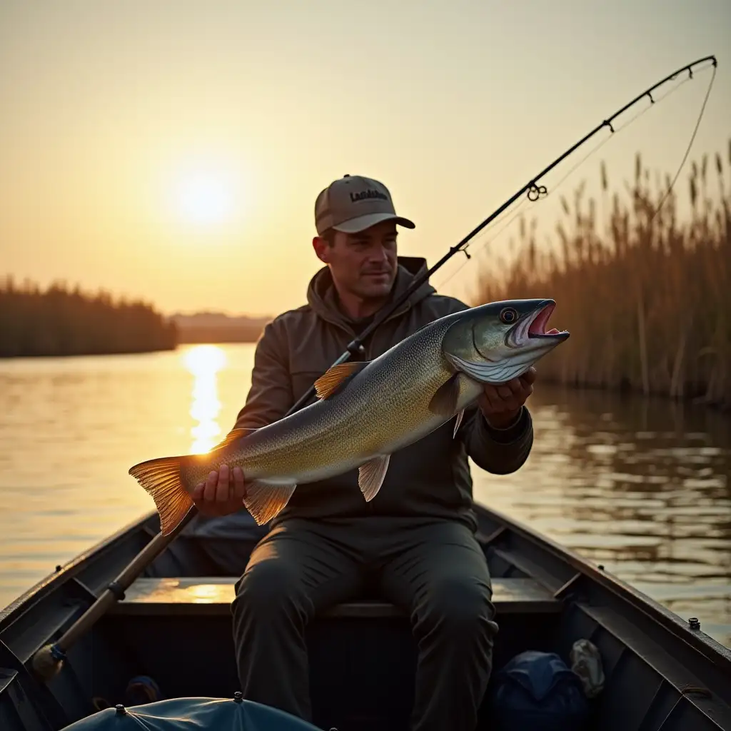 fisherman in a boat, caught a big fish, river background. , reeds, sun