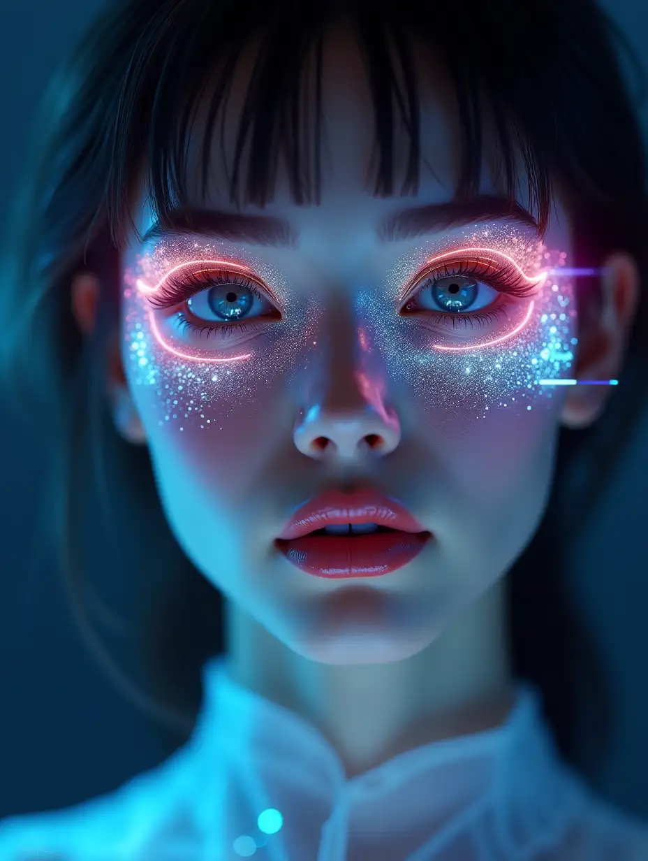 Portrait of a woman with futuristic makeup and holographic elements on her face, with soft ambient light, ultradetailed, cinematic, cinematic light, 4k, profesional photo, Rich in details High quality, gorgeous, glamorous, 8k, super detail, gorgeous light and shadow, detailed decoration, detailed lines