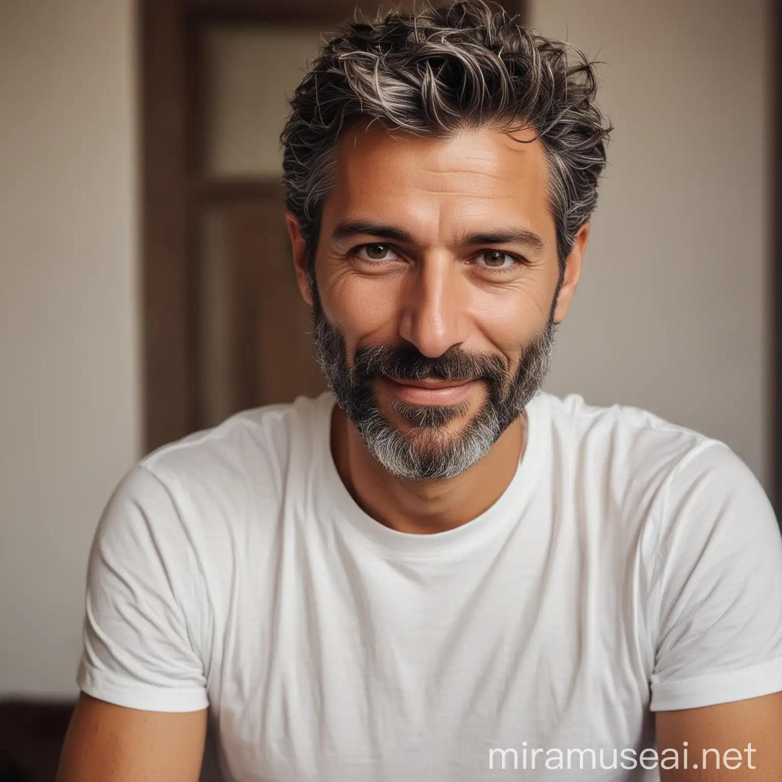 Italian Man with Salt and Pepper Hair and Beard Smiling in Summer Italian Apartment