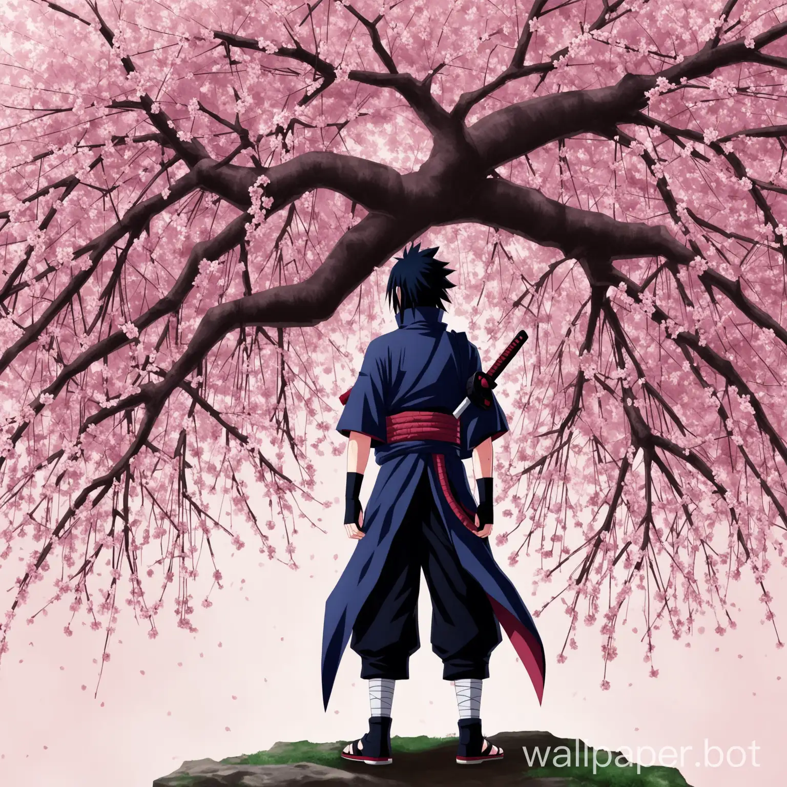 Sasuke Uchiha from the back on a cherry tree