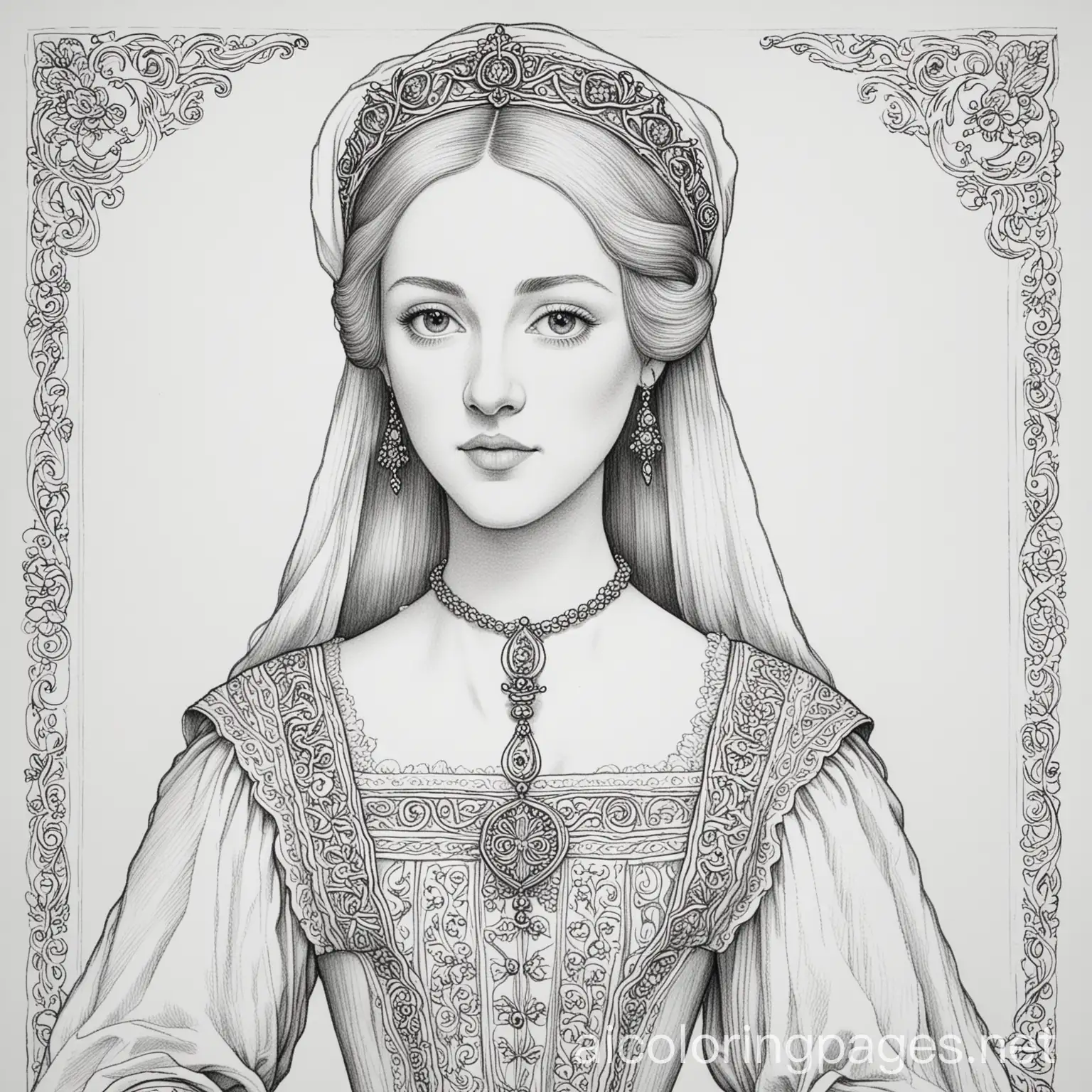 Rosamund-Clifford-Coloring-Page-12th-Century-Noblewoman-in-Line-Art