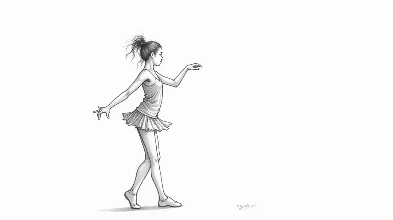 a female hand with pencil girl，dancing, pencil sketch art, fine lines, clean, minimal, white background --ar 3:2