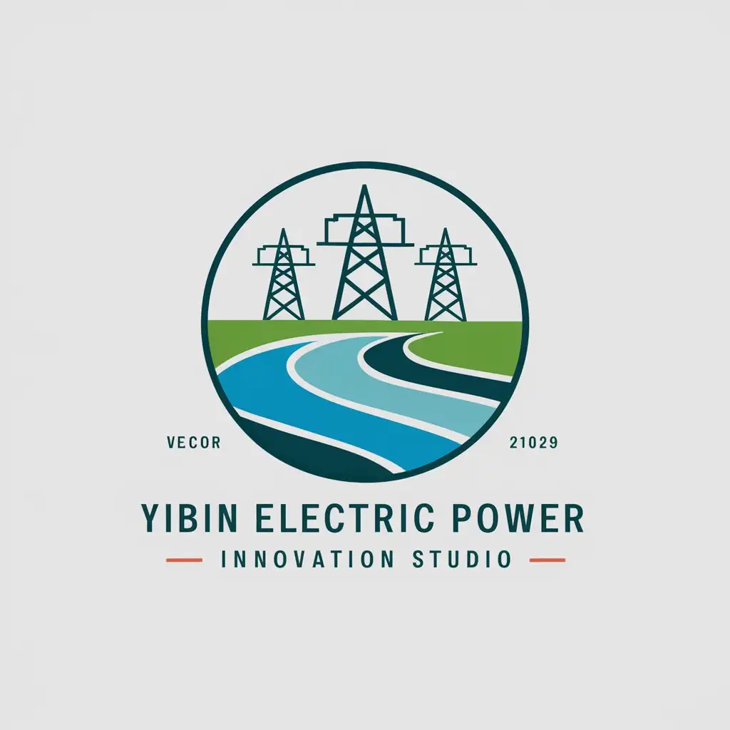 a vector logo design,with the text "Yibin electric power innovation studio", main symbol:The confluence of three rivers, power transmission towers,Moderate,be used in Technology industry,clear background