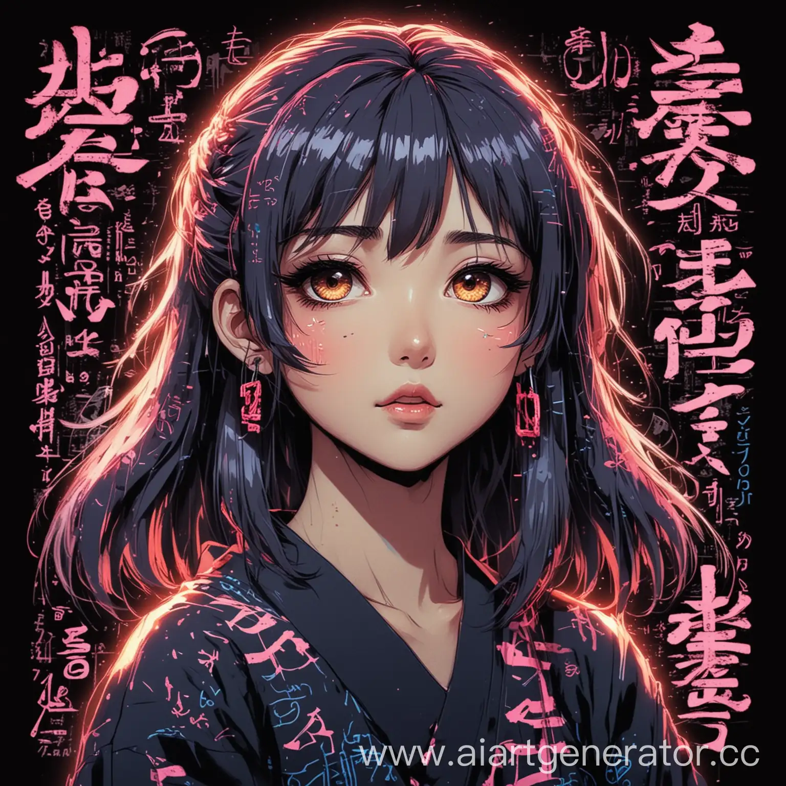 Anime-Girl-in-Neon-Tones-with-Japanese-Hieroglyphs-on-Black-Background