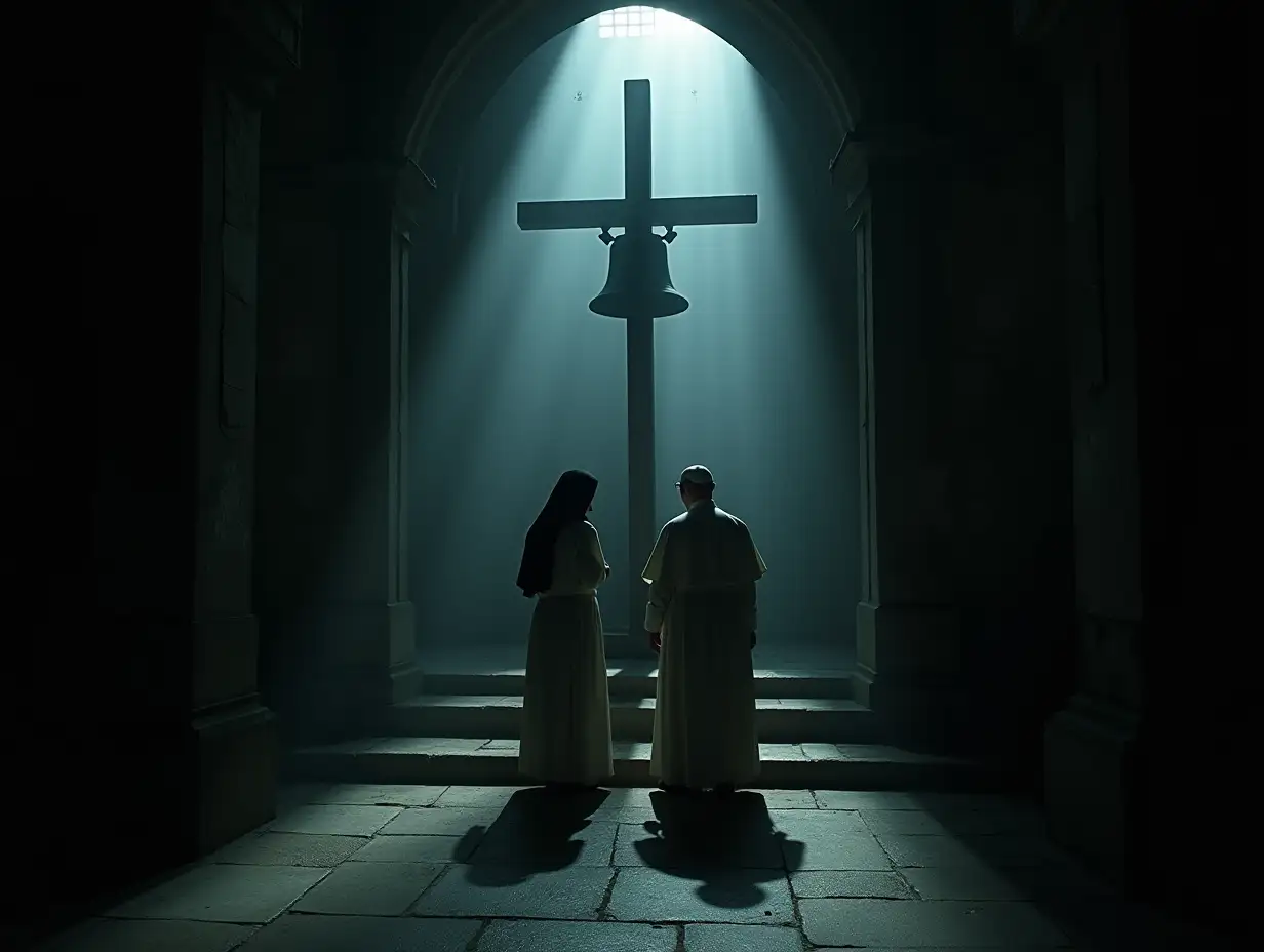 A low-angle, ultra-realistic shot with a 35mm lens captures the desolate figures of the nun and Pope beneath a massive, shadowed cross. Dim, cold light spills from above, harshly illuminating their hollow, sunken faces and casting elongated, skeletal shadows across the stone floor, giving the illusion of decaying souls. The distant church bell hangs just above, partially lit, as if haunted by ancient sorrow, symbolizing forsaken faith. The edges of the frame are softly blurred in a subtle vignette, giving a claustrophobic, entrapped feel. Soft film grain overlays the scene, enhancing its timeless, haunted quality, as if this final moment of despair is a cursed relic—eternally echoing within the dark corridors of the soul.