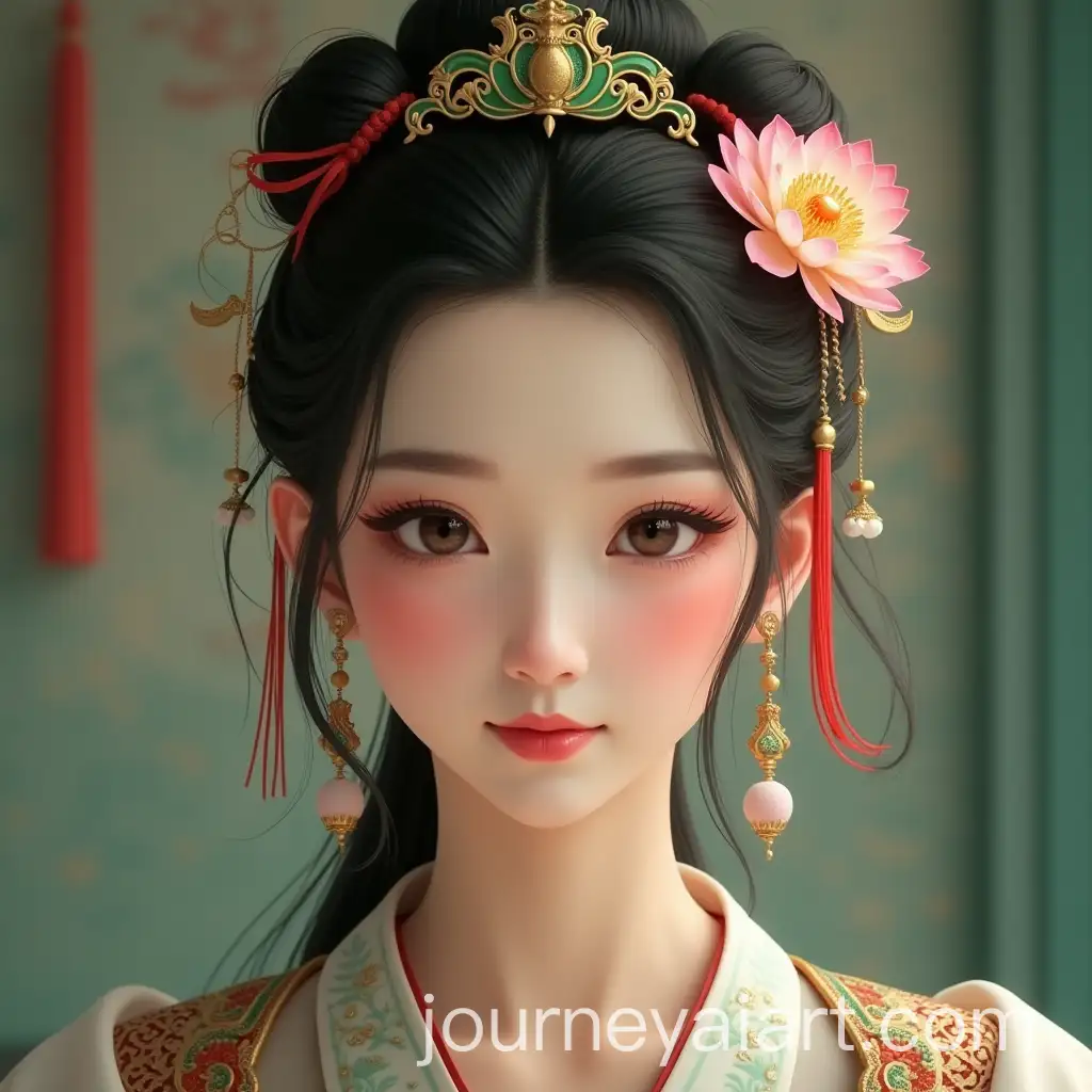 Chinese-Warrior-Princess-in-Traditional-Bridal-Attire-with-Red-Ribbon-and-Lotus-Flower