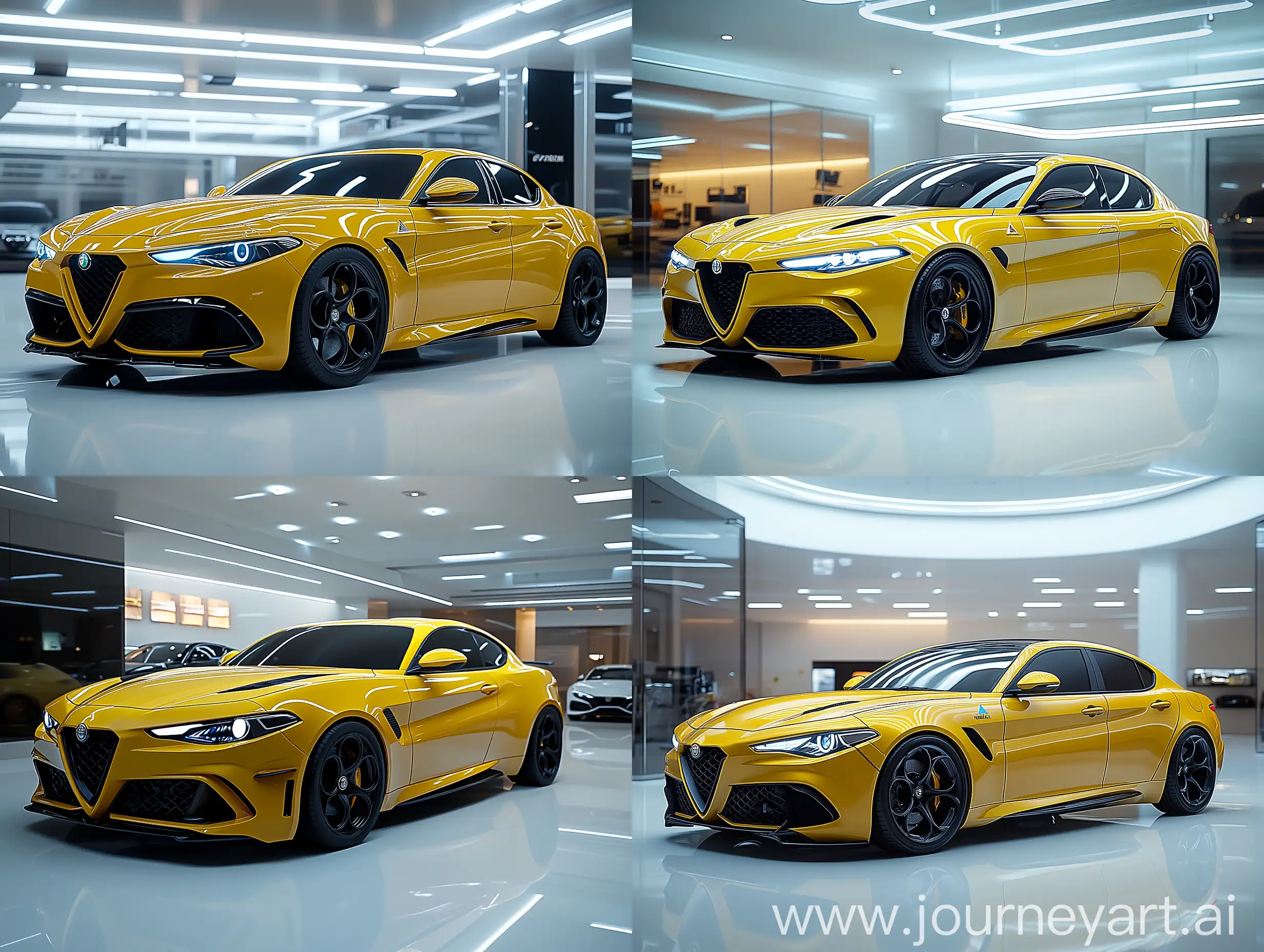 2025-Alfa-Romeo-Giulia-Sleek-Yellow-Elegance-in-a-Bright-Showroom