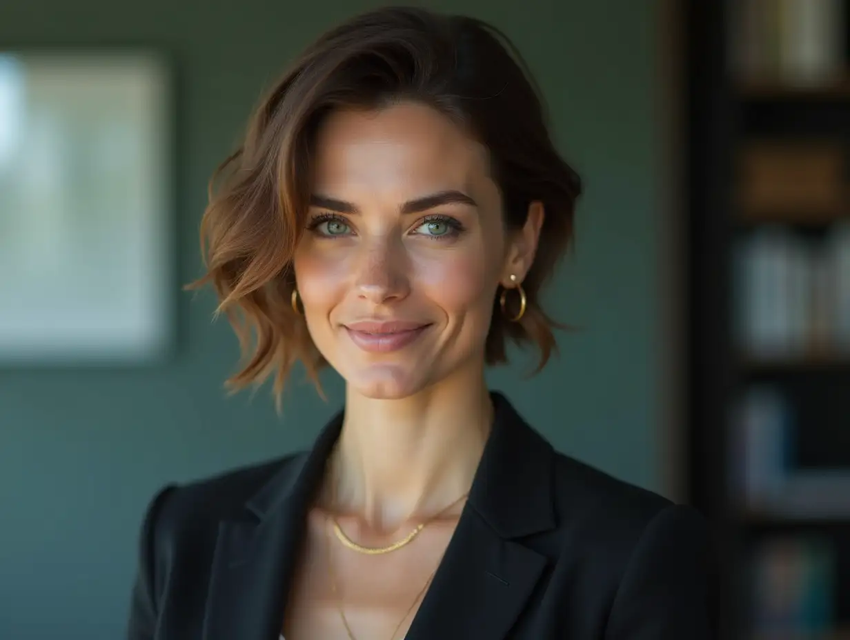 wife with green eyes short hair she is leading mobile network engineer height 154 cm weight 75 kg manages department of men strict suit round face thin lips sharp nose on neck large gold chain big chest thin eyebrows small golden earrings almost unnoticeable smile