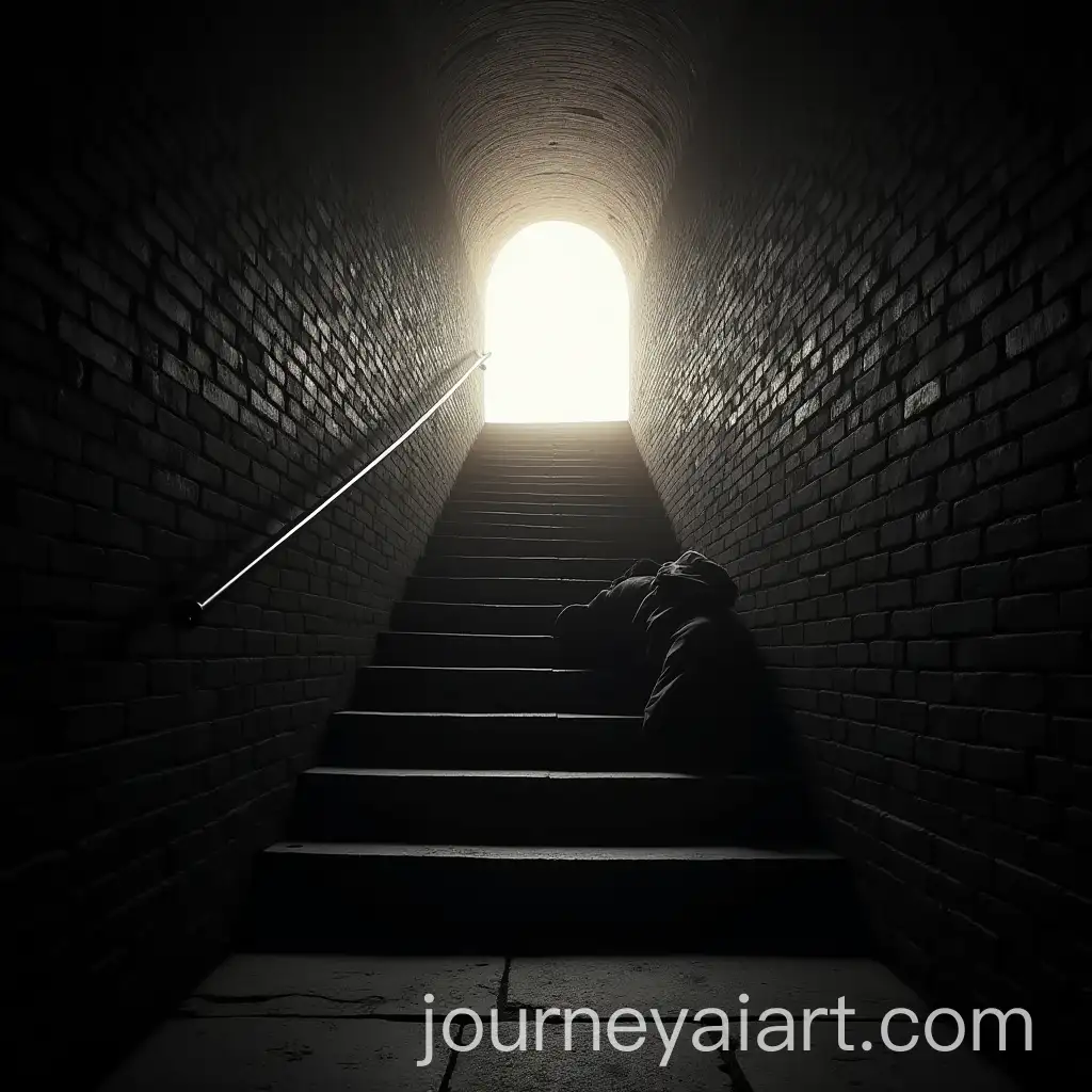 Man-Curled-Up-at-Entrance-of-Dark-Brick-Tunnel-Leading-to-Bright-Light
