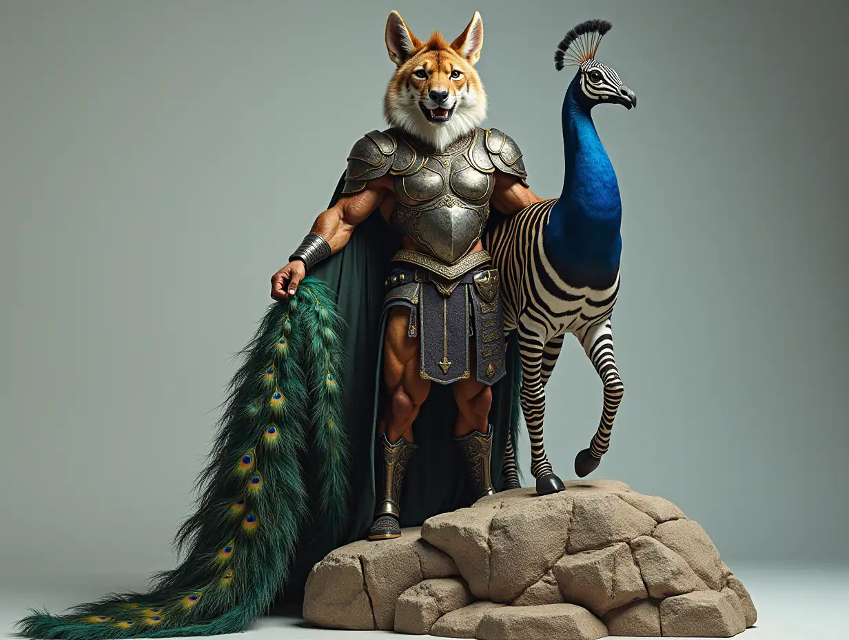 A very detailed photo. A full body representation of an Animal-Hybrid bodybuilder with knight's armor and Zebra and Peacock on a rock