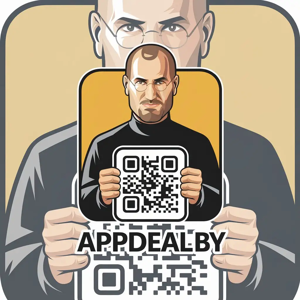 LOGO Design for AppDealby Steve Jobs Holding a QR Code with Modern Vector Aesthetics