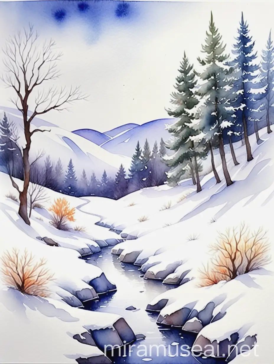 Whimsical Watercolor Snowy Landscape Original and Humorous Scene