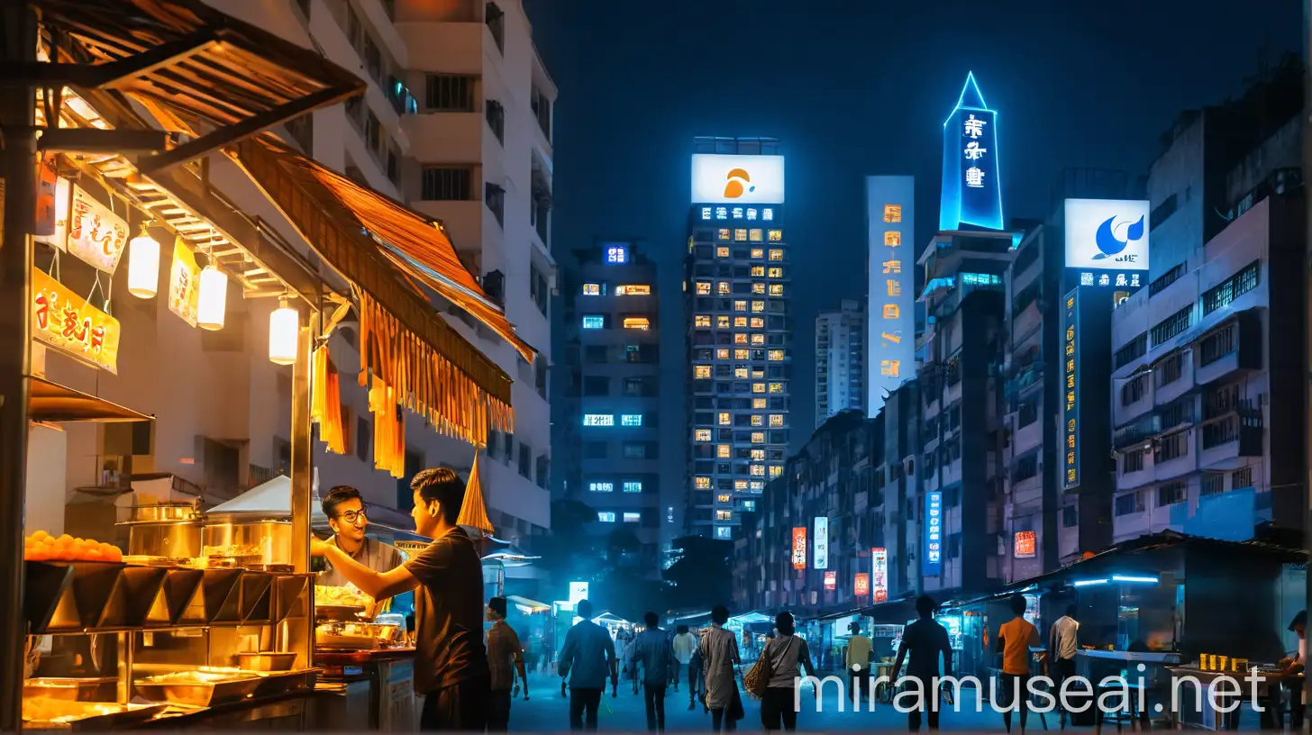 Lively Night Street Scene with Glowing Food Stall and Modern Buildings