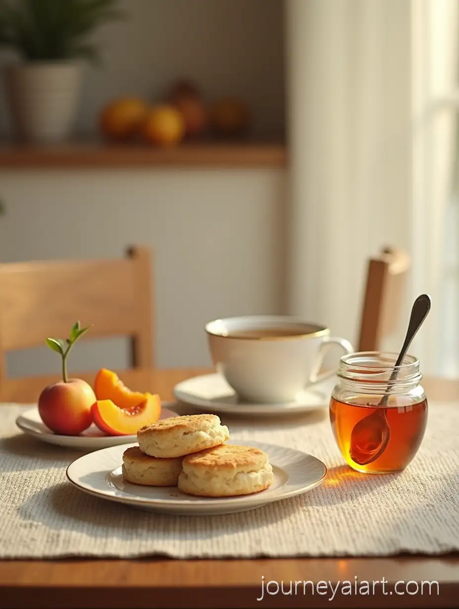 Breakfast-Table-Setting-with-Tea-Biscuits-Honey-and-Peach-Slices