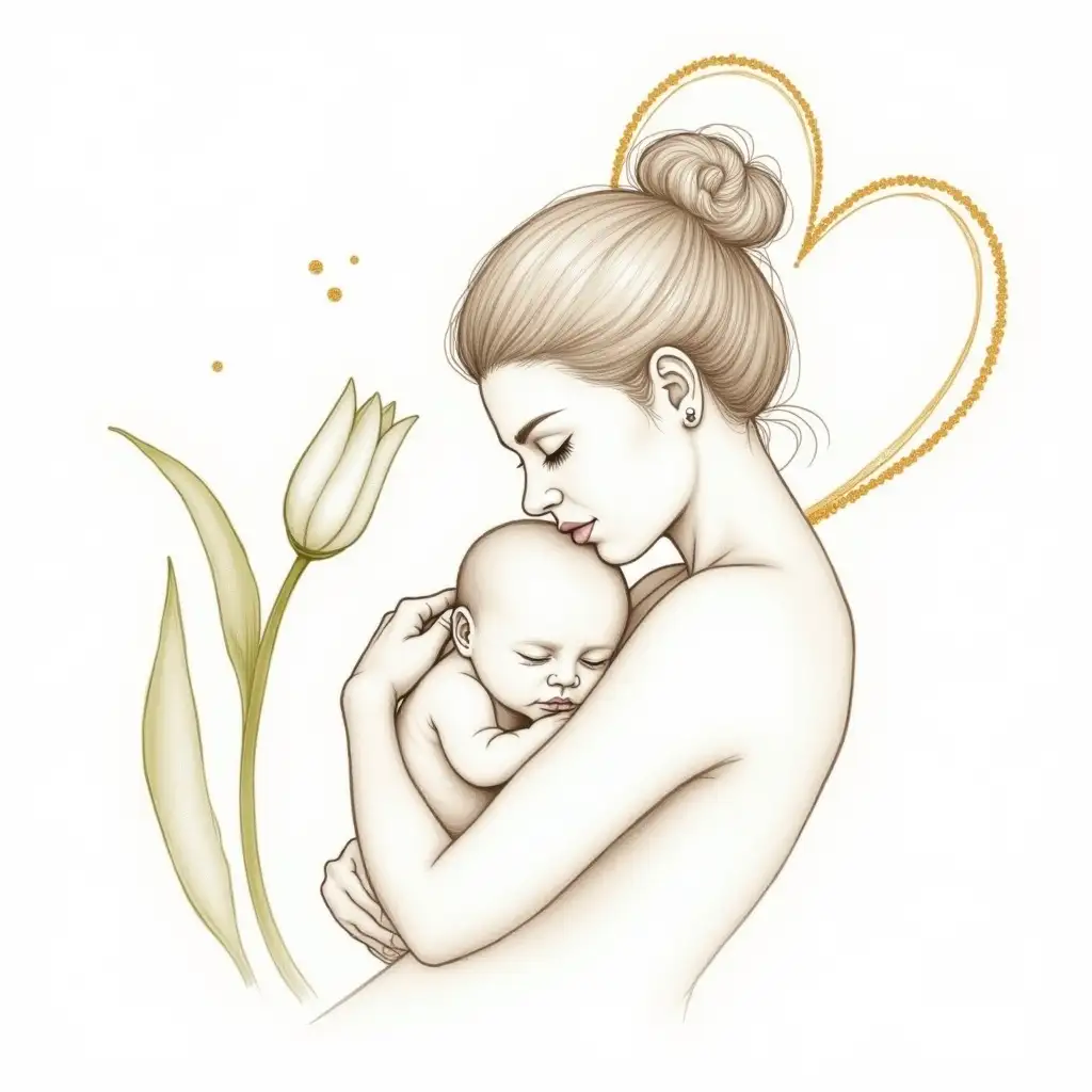 A delicate, highly detailed sketch of a mother holding her sleeping baby, with intricate fine-line shading and soft realism. The mother's hair is styled in an elegant updo, and her expression is serene and loving. Surrounding them is a gold, heart-shaped swirl made of thin, artistic lines. To the left, a gracefully detailed tulip with realistic green leaves and a pearl-like dew drop on top. The artwork is a mix of fine-line sketching with soft shading and gold accents, creating an ethereal, emotional composition on a white background, centered, non deformed