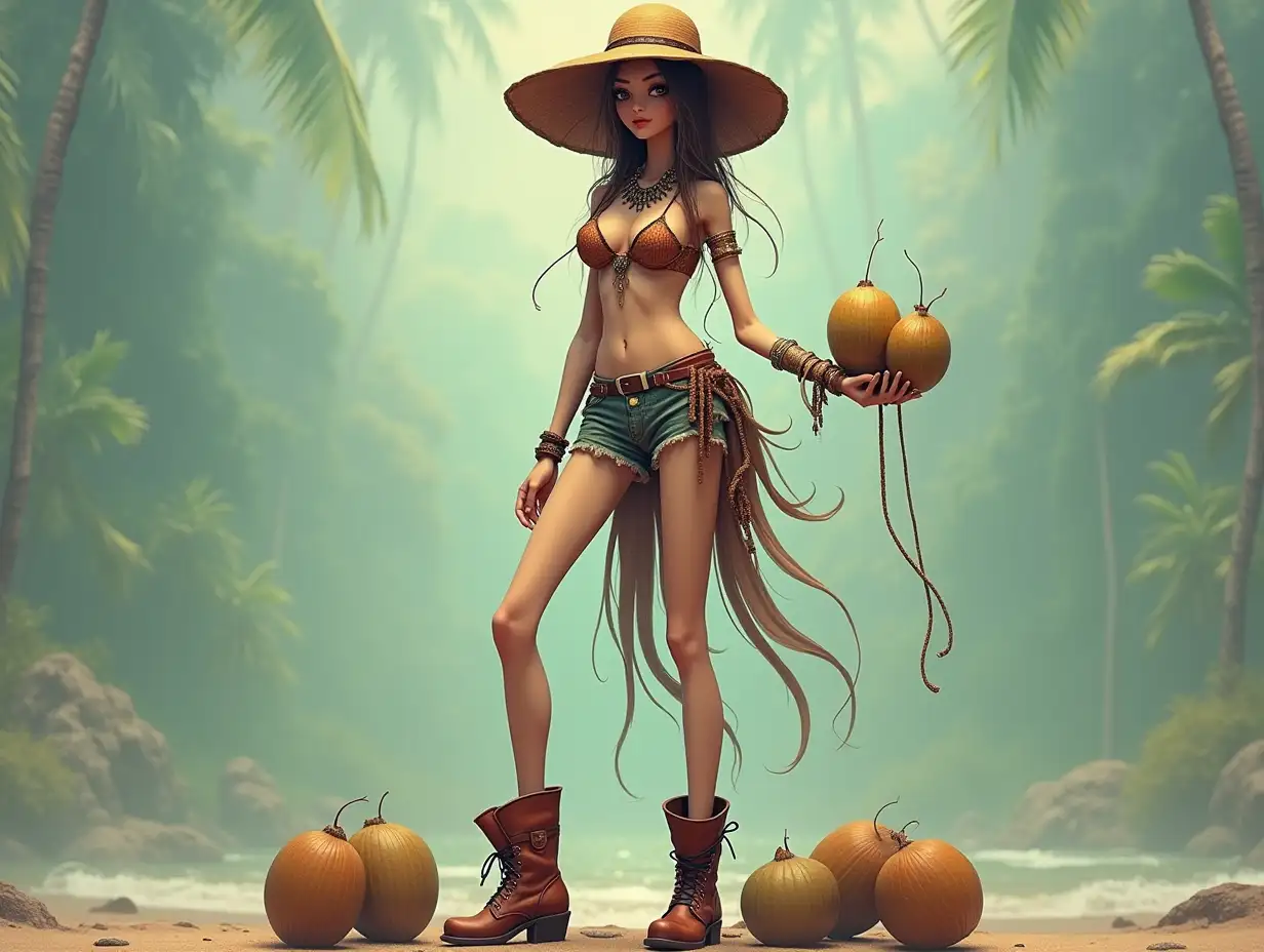 A very tall female figure with extremely thin legs and long thin arms, with a hat and boots and wearing jewelry.and has several coconuts in her hand 4K resolution Vibrant Steampunk