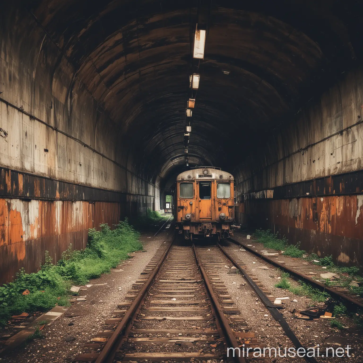 Rusty Abandoned Train Wagon in Tunnel