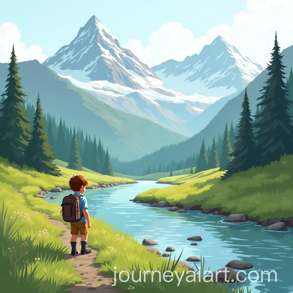 Boy-Hiking-Through-a-Green-Meadow-with-SnowCapped-Mountains-in-the-Background