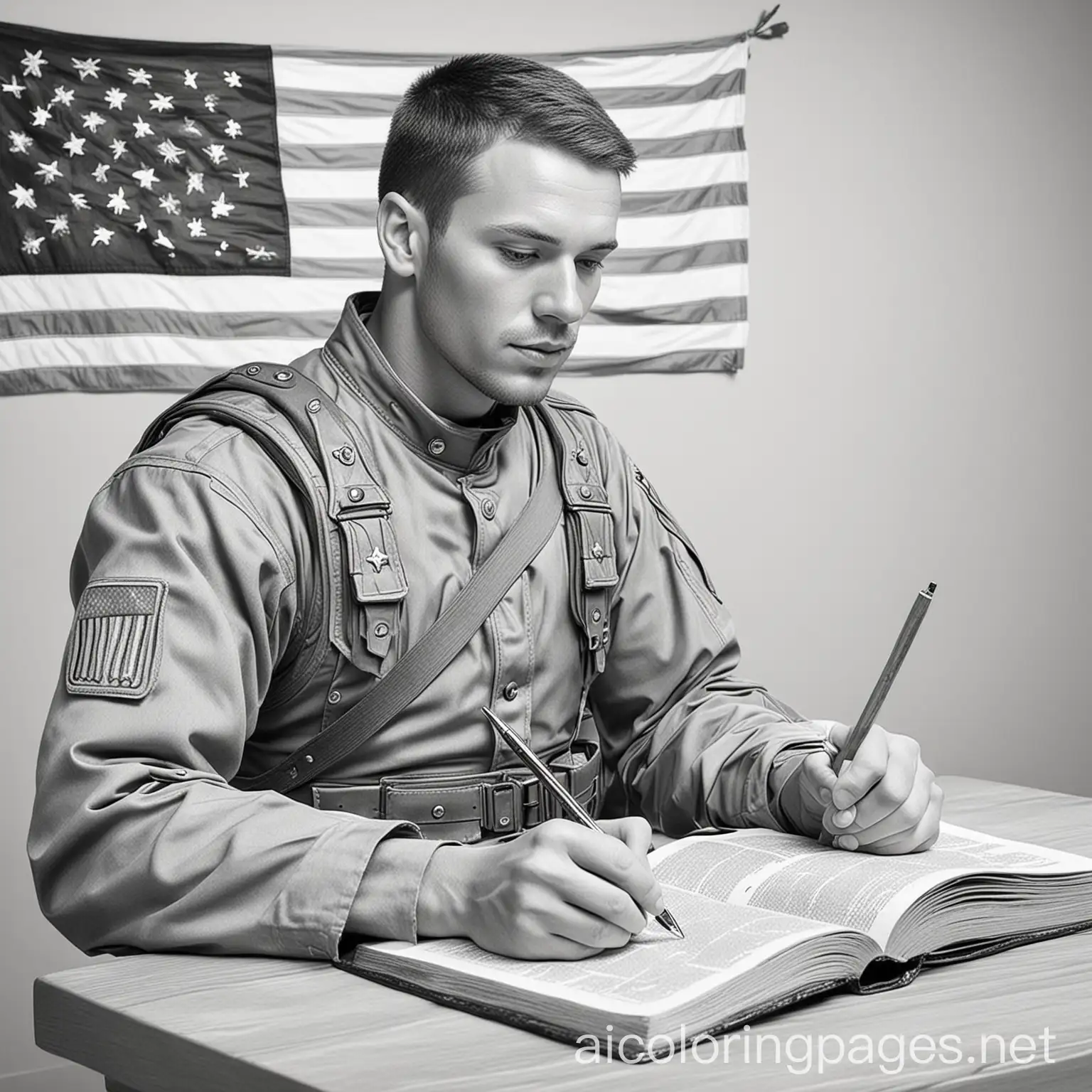 Christian-Soldier-Reading-Bible-with-American-Flag-Background-Coloring-Page