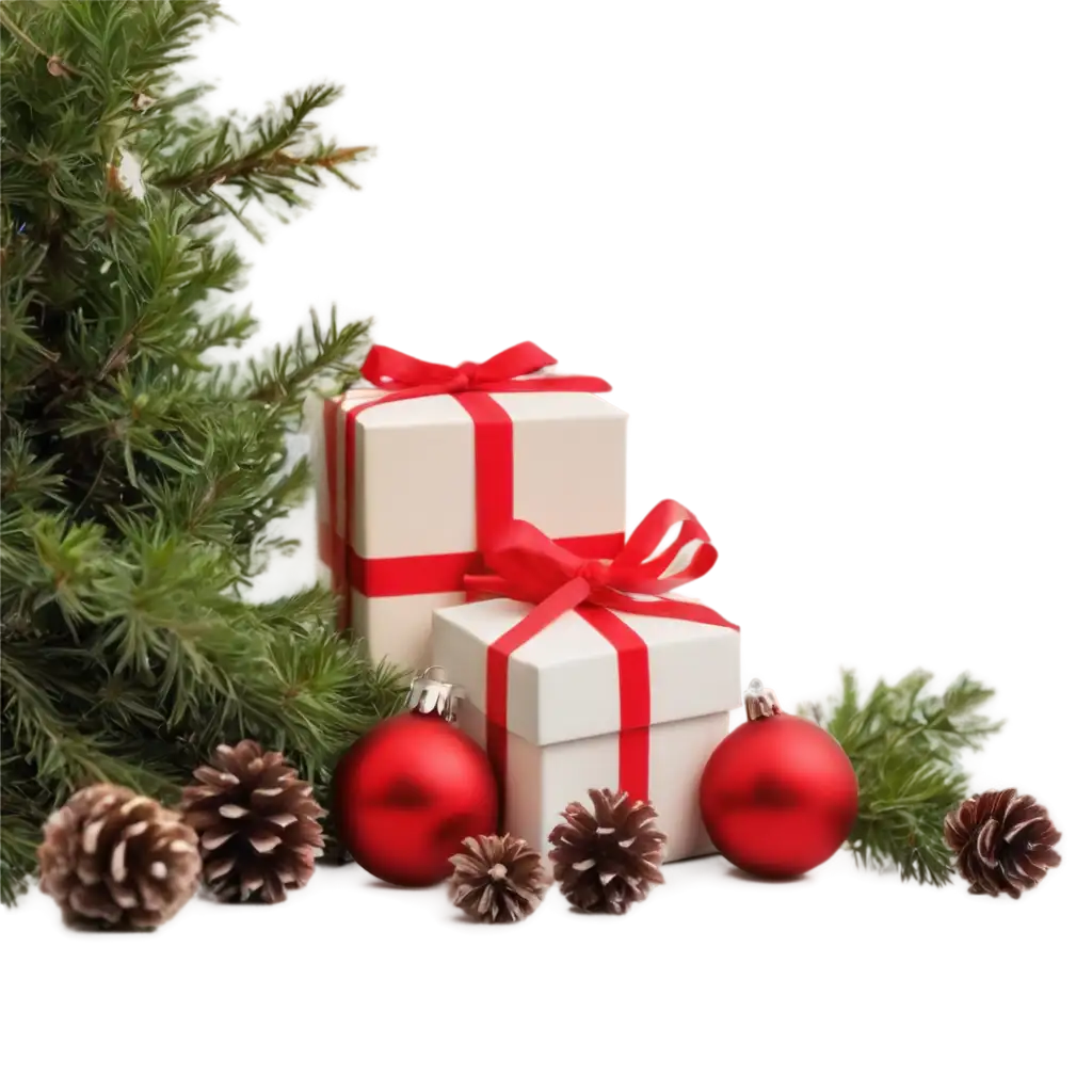 Christmas-Tree-Branches-PNG-Image-with-Red-Ornaments-Pinecones-and-Gift-Boxes-Festive-Holiday-Decoration-for-Seasonal-Designs