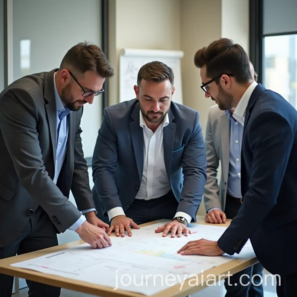 Businessmen-Discussing-Strategy-Around-Conference-Table-with-White-Paper
