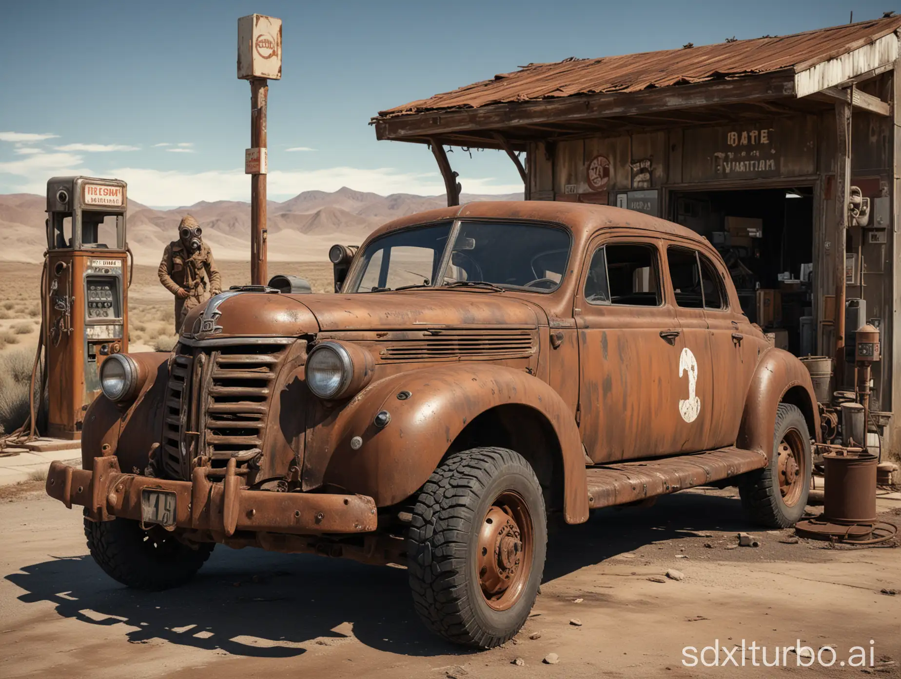 A rugged, muscular figure in a gas mask is filling up a vintage, rusty car at a weathered gas station. The car, an old Plymouth, has a distressed appearance with faded paint and oversized tires. The gas station features a classic Shell logo, with a slightly worn-out pump. The background is a barren landscape, adding to the post-apocalyptic vibe. The scene is highly detailed, with dramatic lighting emphasizing the textures of the rust and the character's gear, creating a cinematic, hyper-realistic effect.